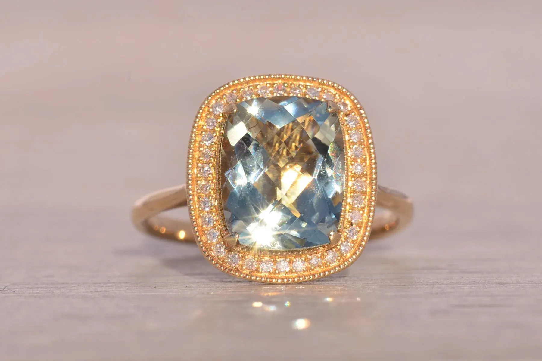 Praisiolite and Natural Diamond Halo Ring in Yellow Gold main image 3