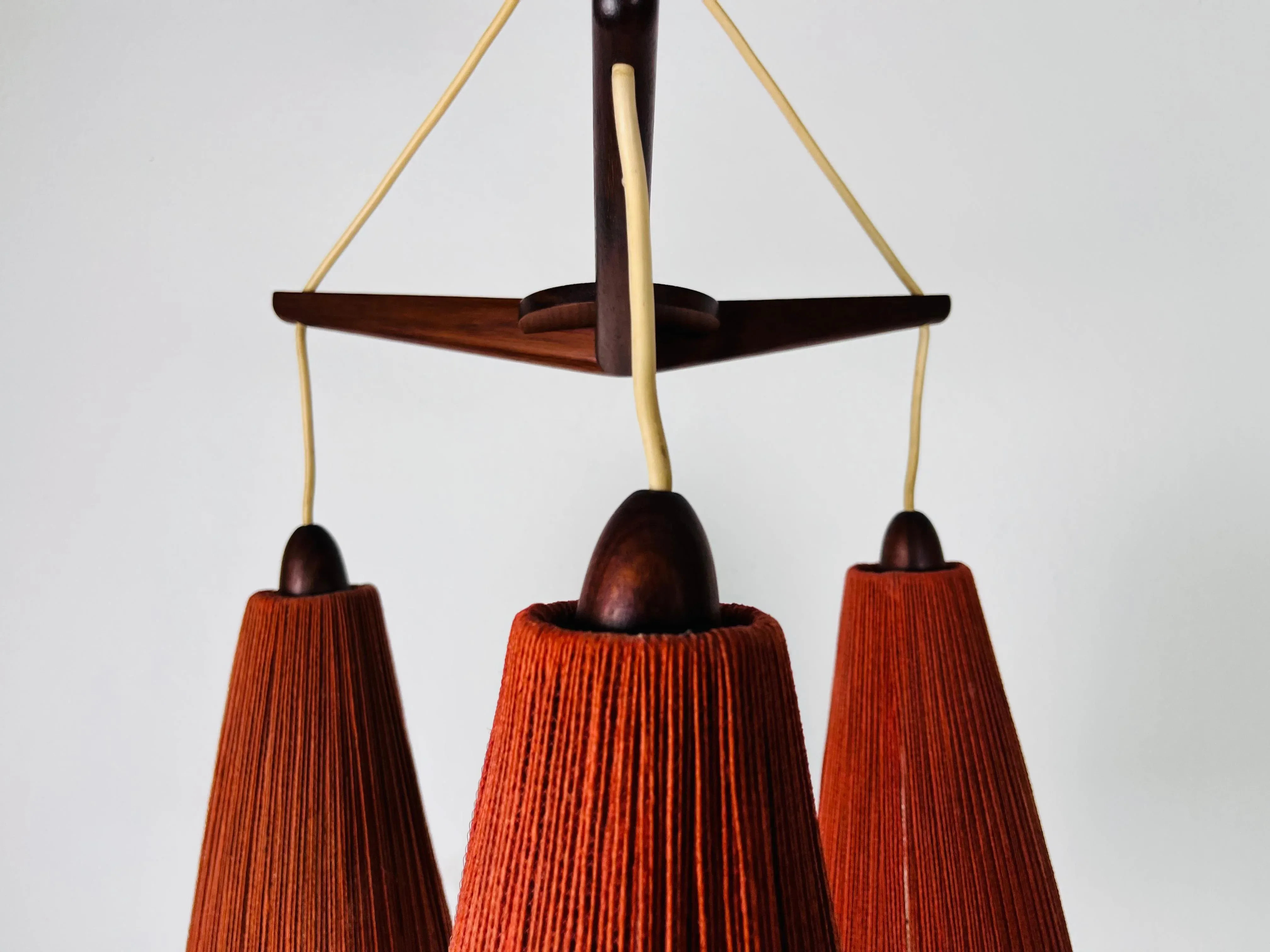 Midcentury Teak and Cord Shade Hanging Lamp by Temde, circa 1960