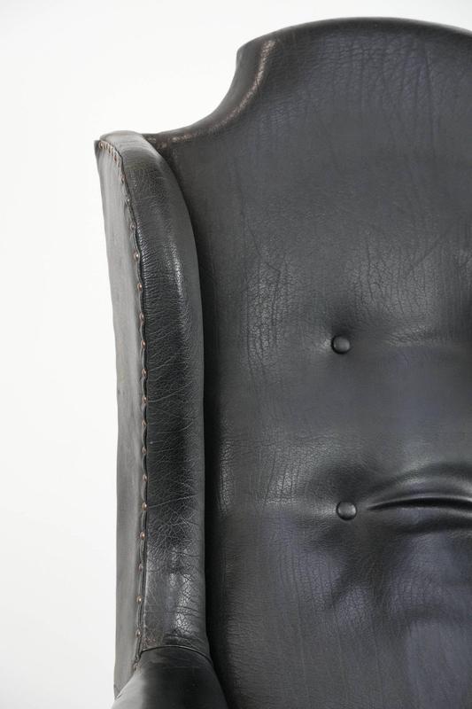 Large Antique English Cowhide Wing Chair, 1800s