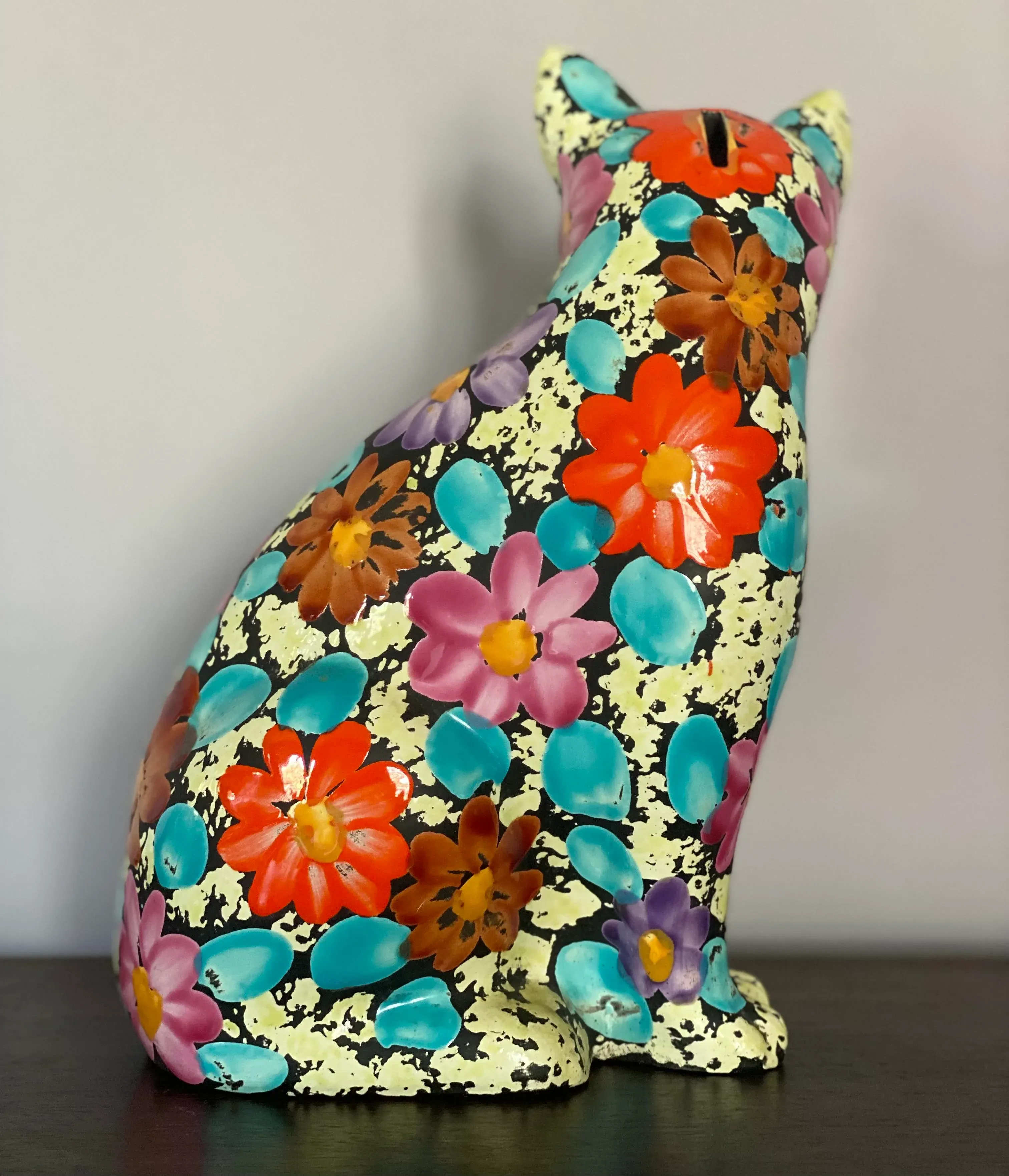 1960s Mid Century Alvino Bagni Large Flowered Cat Bank Figurine