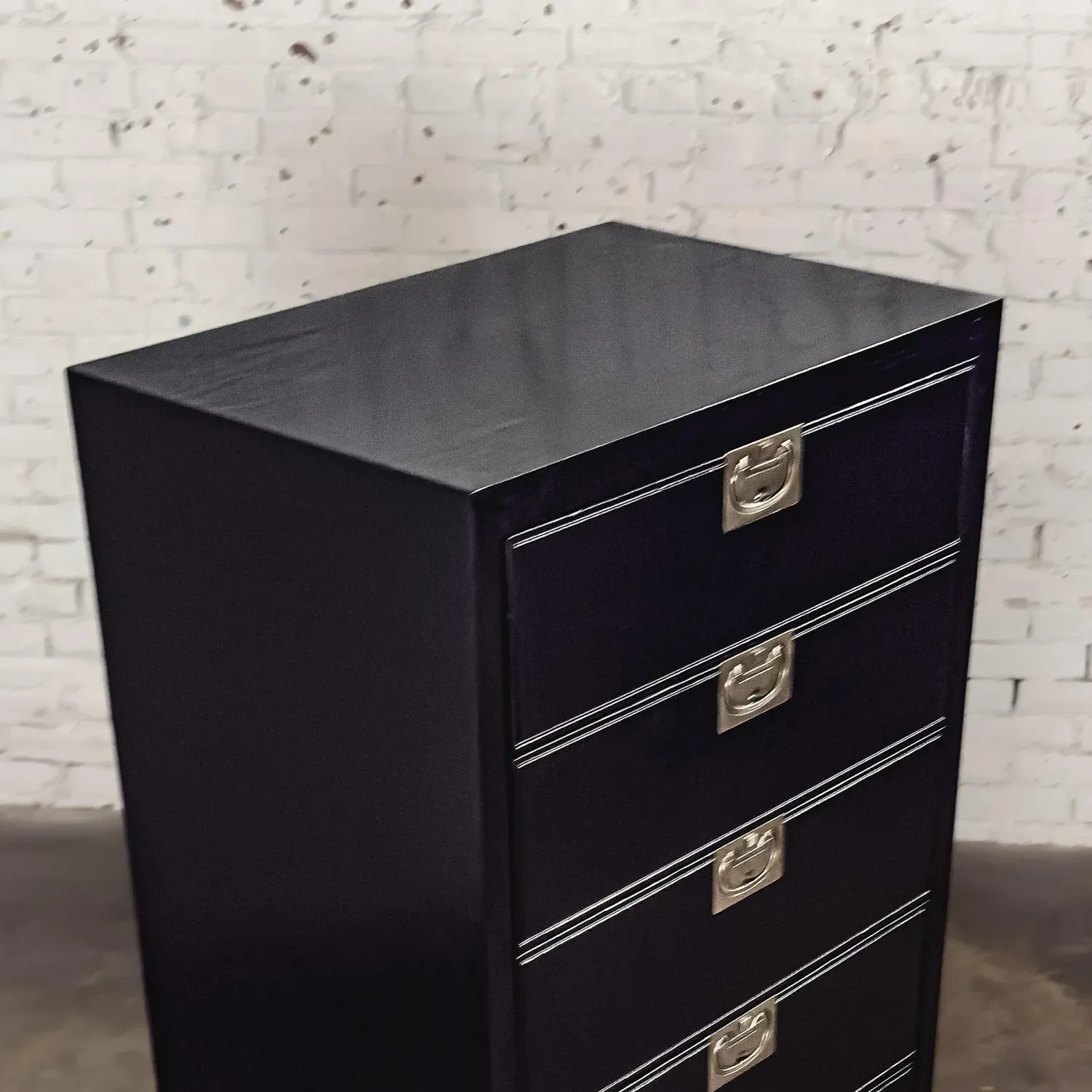 Mid to Late 20th Century Modern Campaign Henredon Black Narrow Chest of  Drawers or Lingerie Cabinet