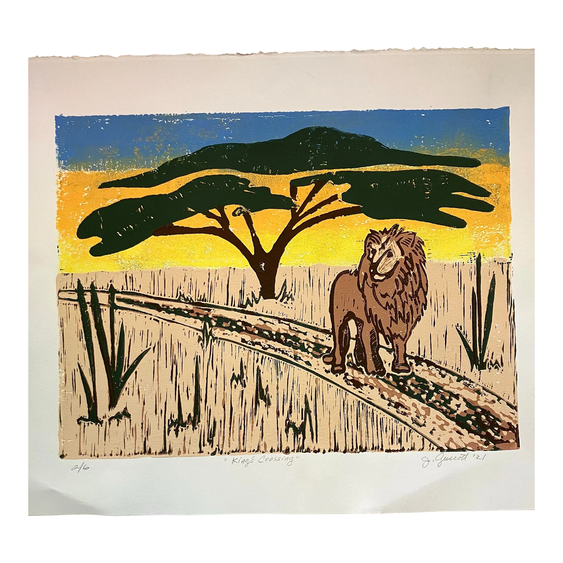 絵画 LIONSAN Contemporary Original Wood Block Print Lion “Kings Crossing