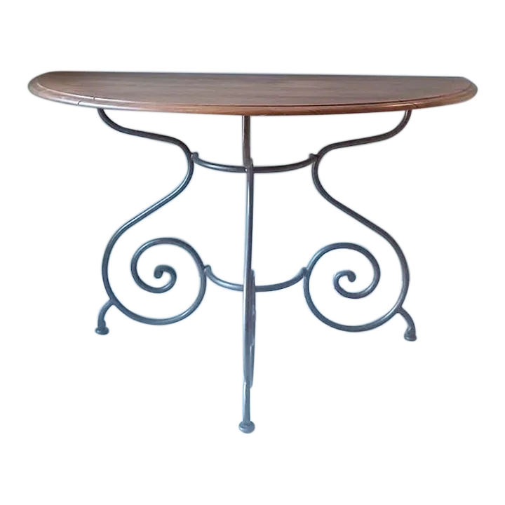 Custom Ethan Allen Half Moon Console Table With Solid Wrought Iron Base