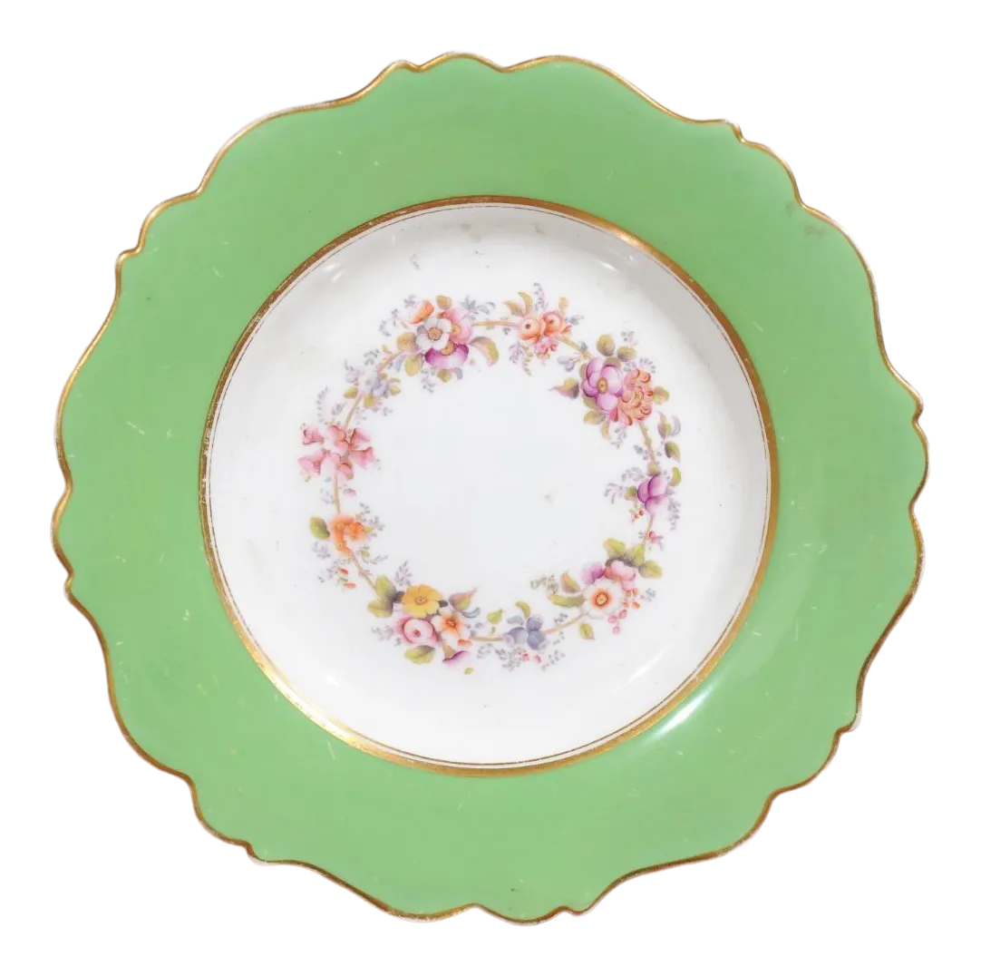Antique Ridgway Porcelain Dinner Plate with Green Rim & Floral Décor