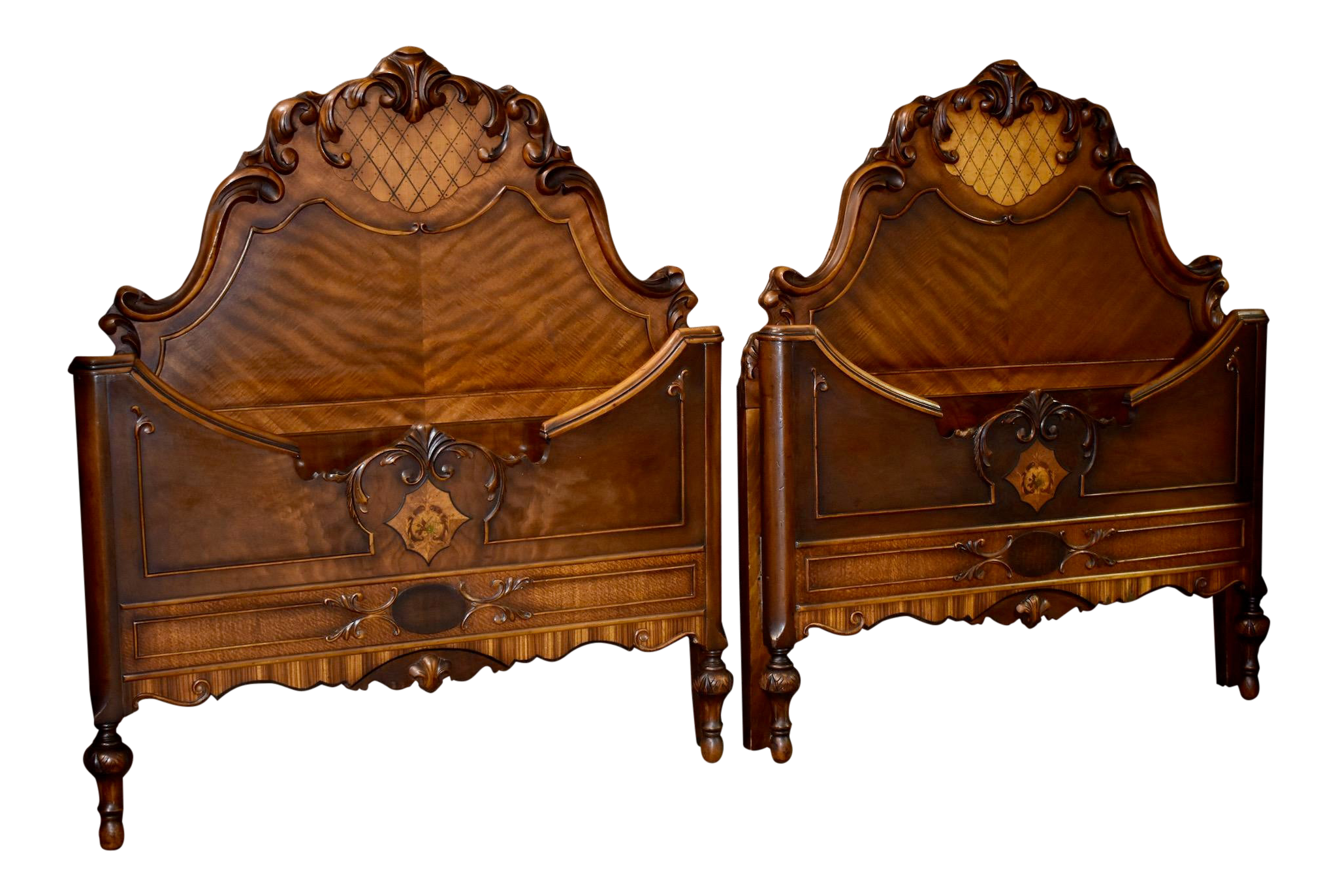 Antique Jacobean Carved Inlaid Pair Of Twin Headboard And