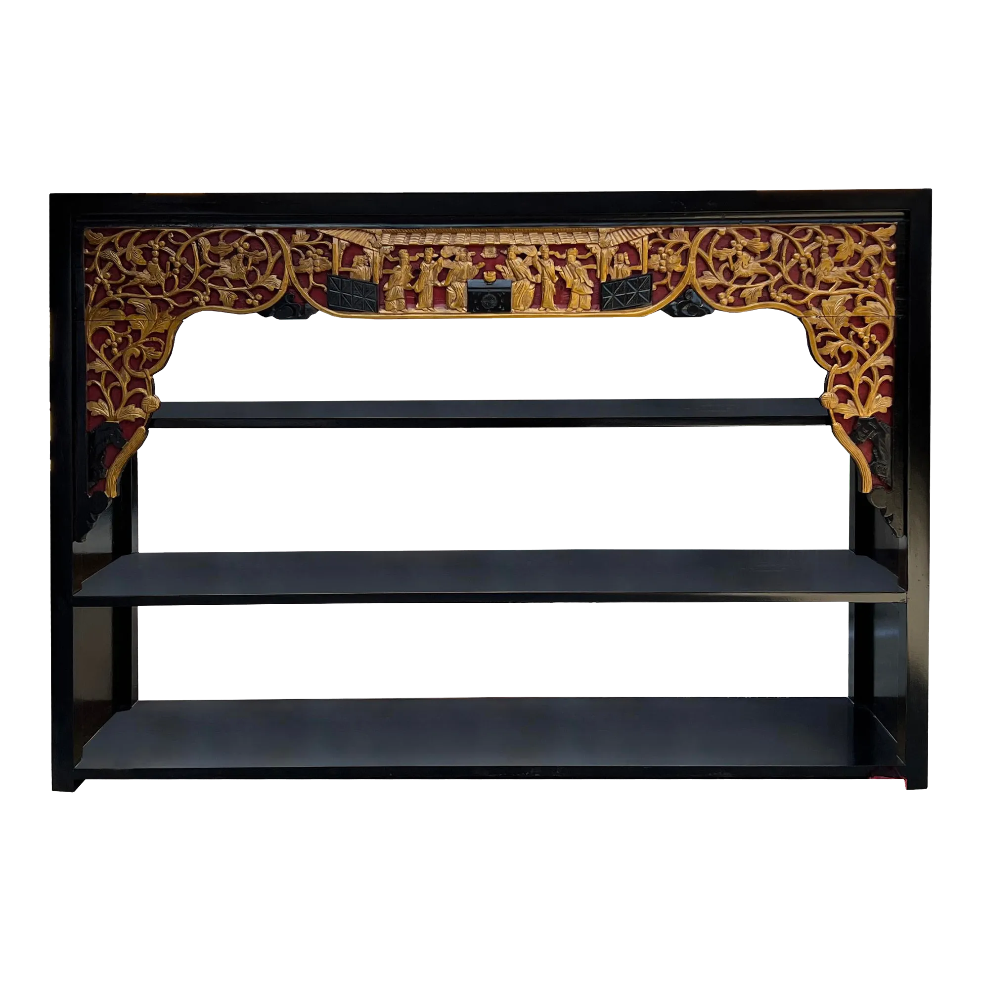 Chinese Black Golden Carving Rectangular Curio Display Stand Side Table