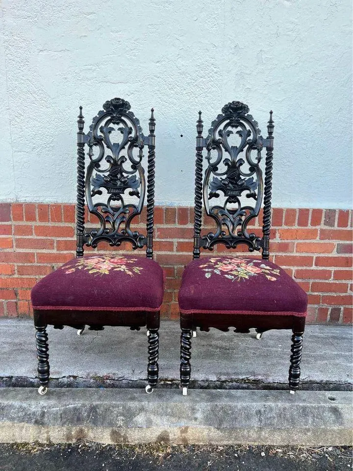 19th Century Pair Antique Victorian Gothic Hand Carved Barley Twist Upholstered Needlepoint Seat Chairs