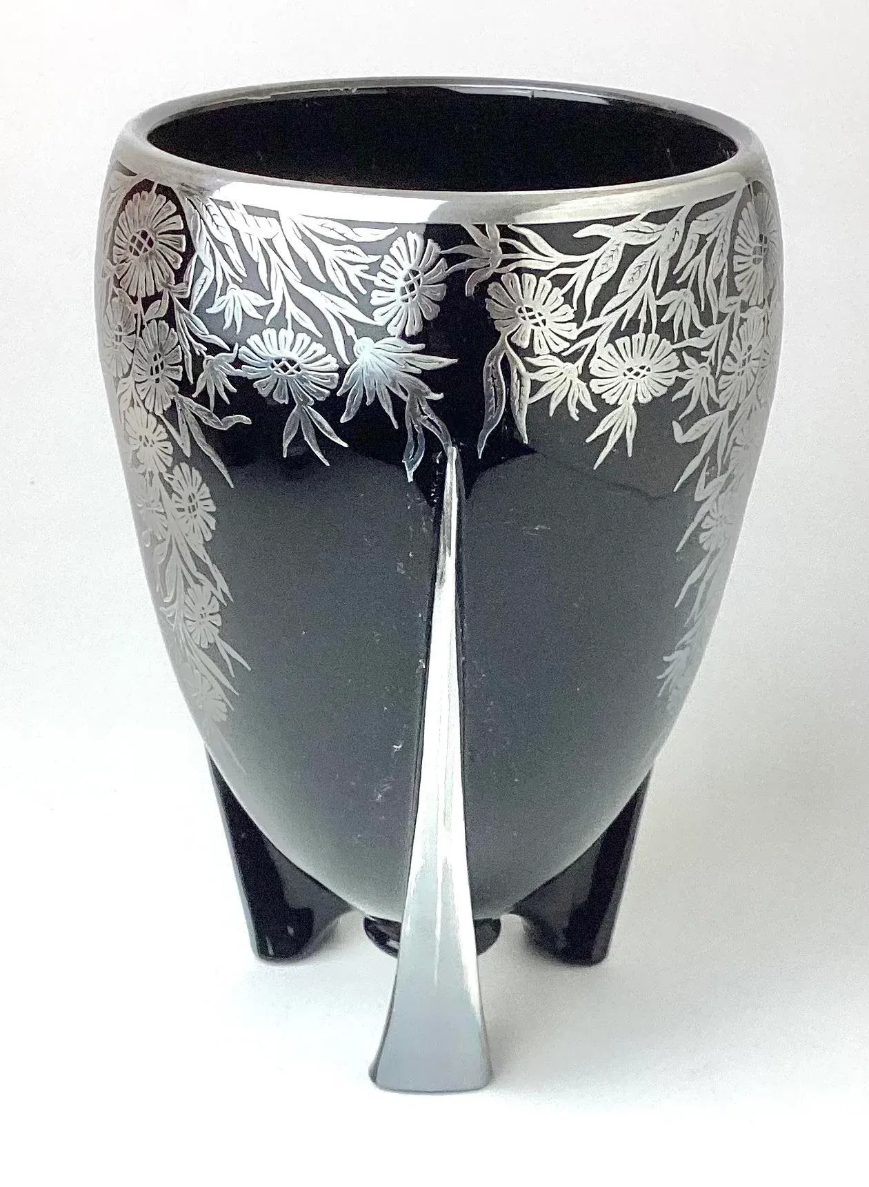 Art Deco Ebony Black Rocket Vase With Sterling Silver Overlay by Duncan and Miller 1930’s main image 2