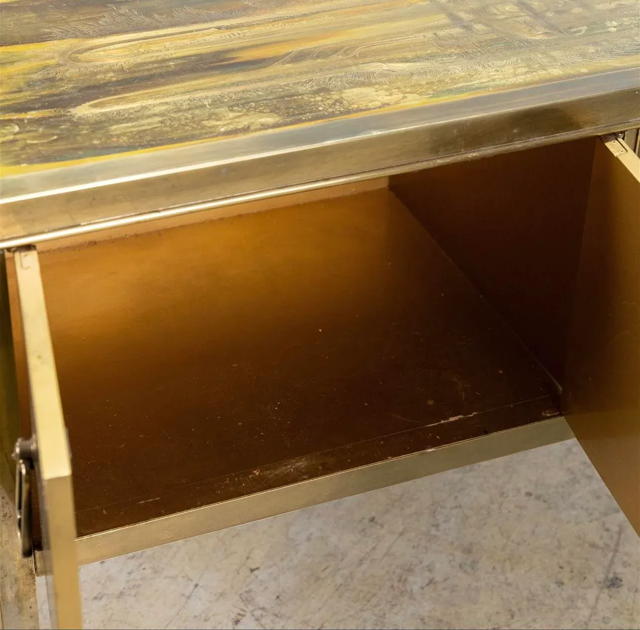 1970s Bernhard Rhône Acid Etched Brass Credenza for Mastercraft