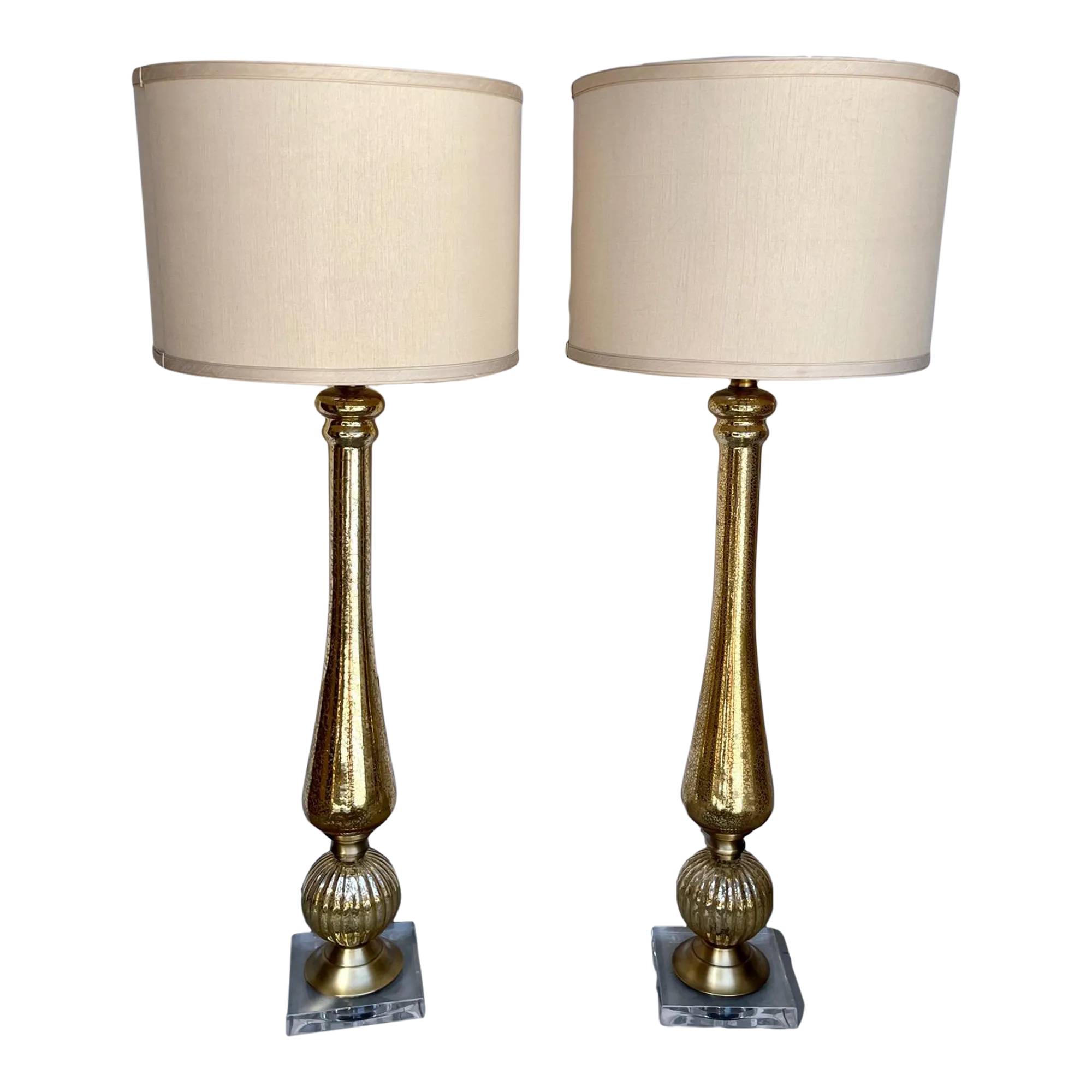 Hollywood Regency Pair of Gold Mercury Glass/Lucite Base Table Lamps