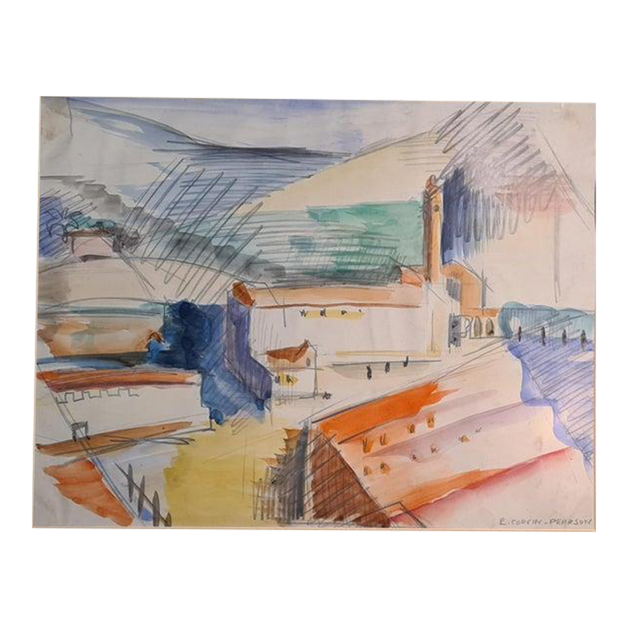 Early 20th Century Cubist, Art Deco, View of a Factory in a Landscape,  l'Usine Painting by E Corvin-Pearson | Chairish, image size:2160x2160