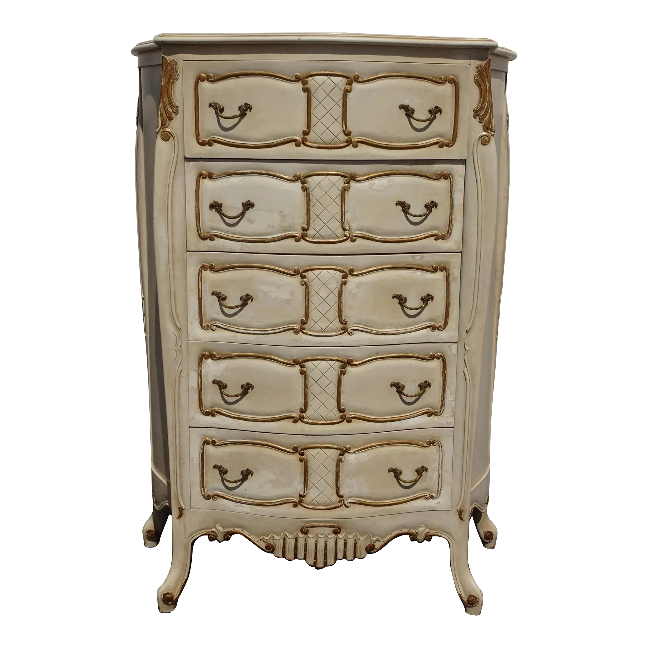 Vintage French Country Off White Tallboy Dresser With Gold Trim Chest of  Drawers