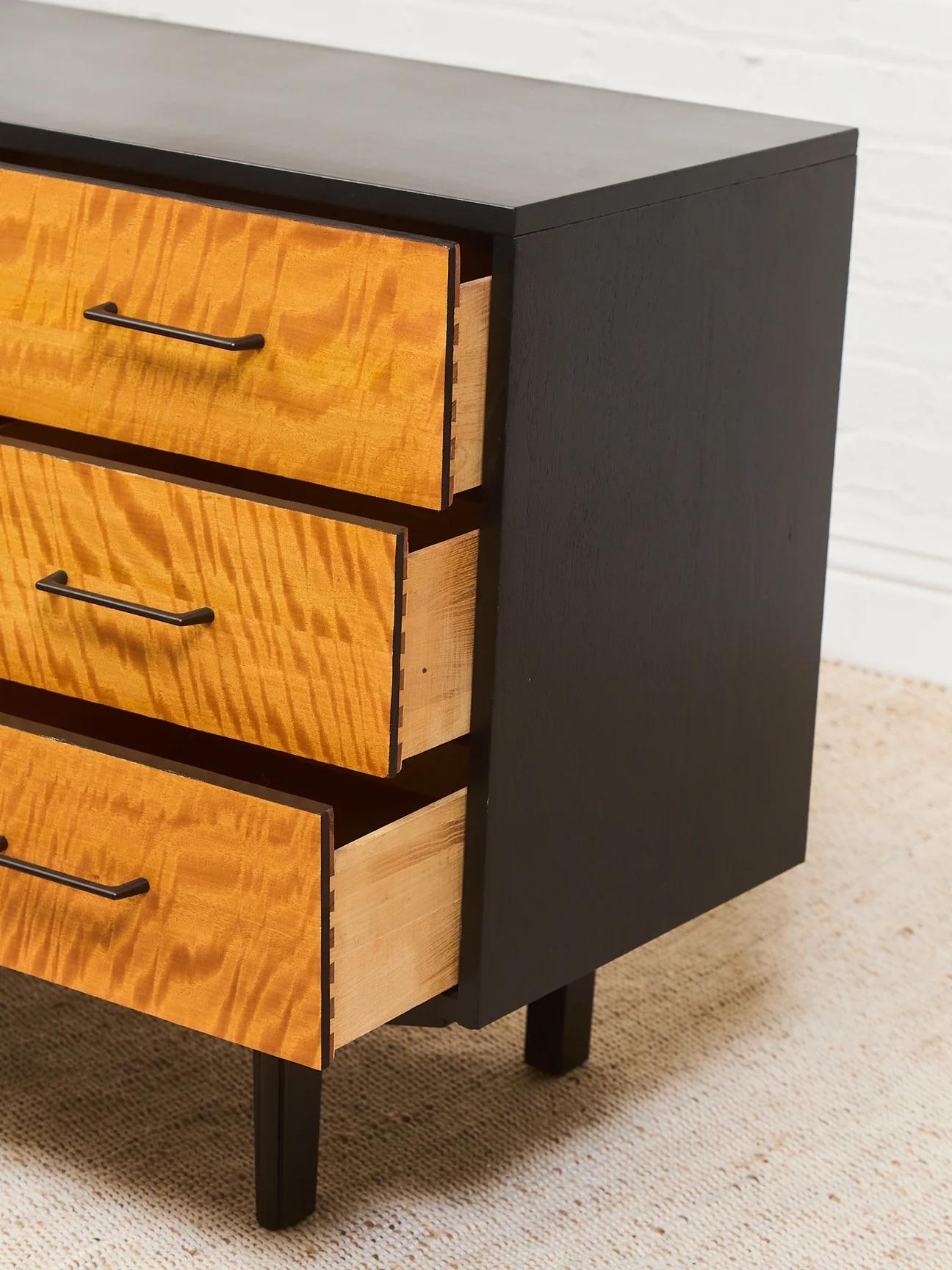 Mid 20th Century Black and Mahogany Mid-Century Nine Drawer Dresser