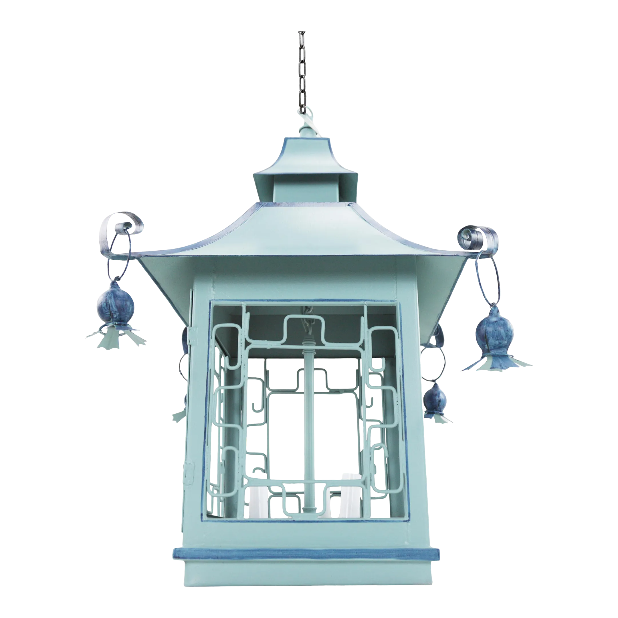 Vintage Double Pagoda Blue Three Light Chandelier