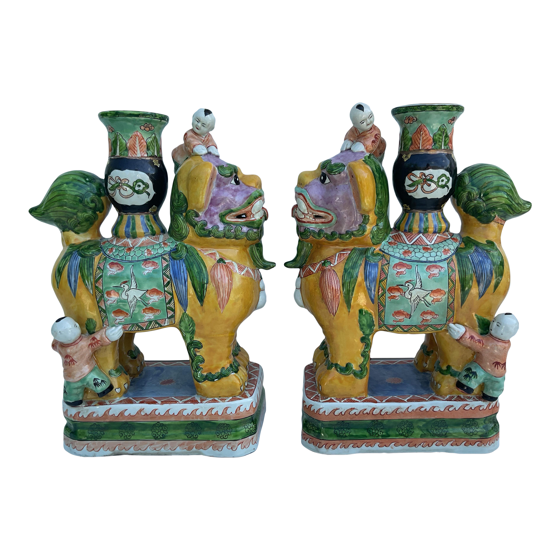 Vintage Chinese Ceramic Foo Dog Candle/Incense Holders-A