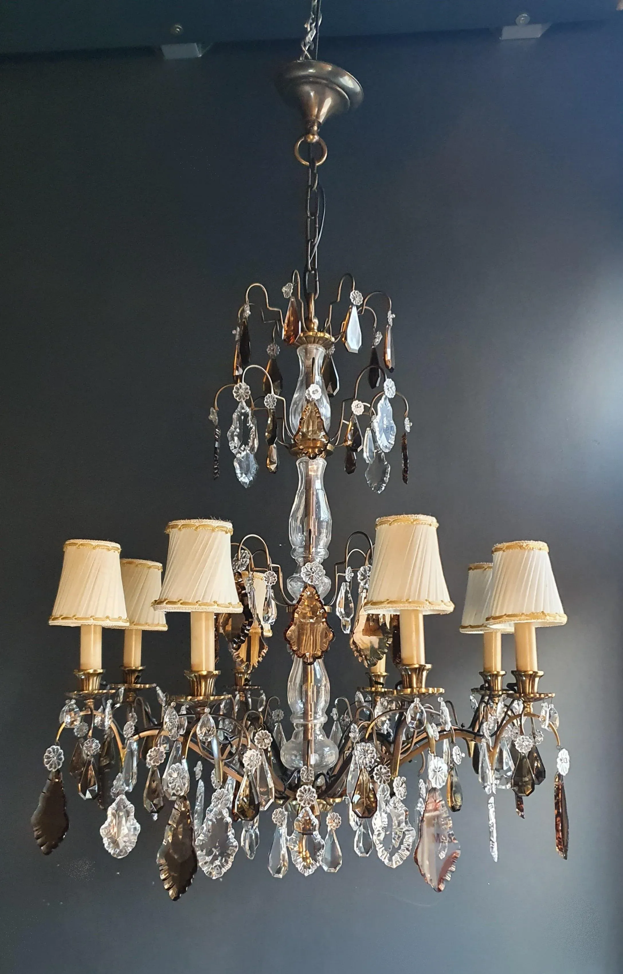 19th Century Crystal Glass Candelabrum Brass Bronze Luis Art Shades Chandelier
