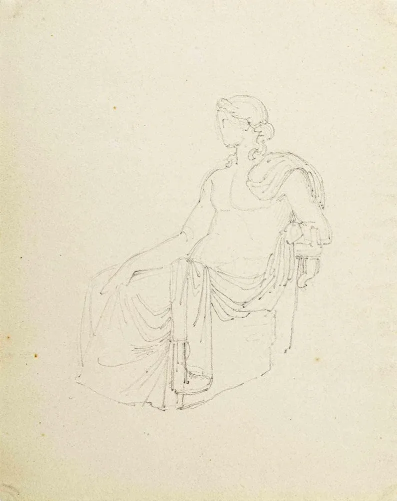 Augustin-Alexandre Dumont, Roman Lady, Pencil Drawing, 19th Century