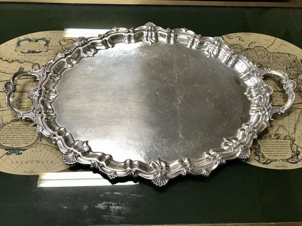 イギリス アンティーク Silver Tray Large English Silver Metal Tray, 1930s