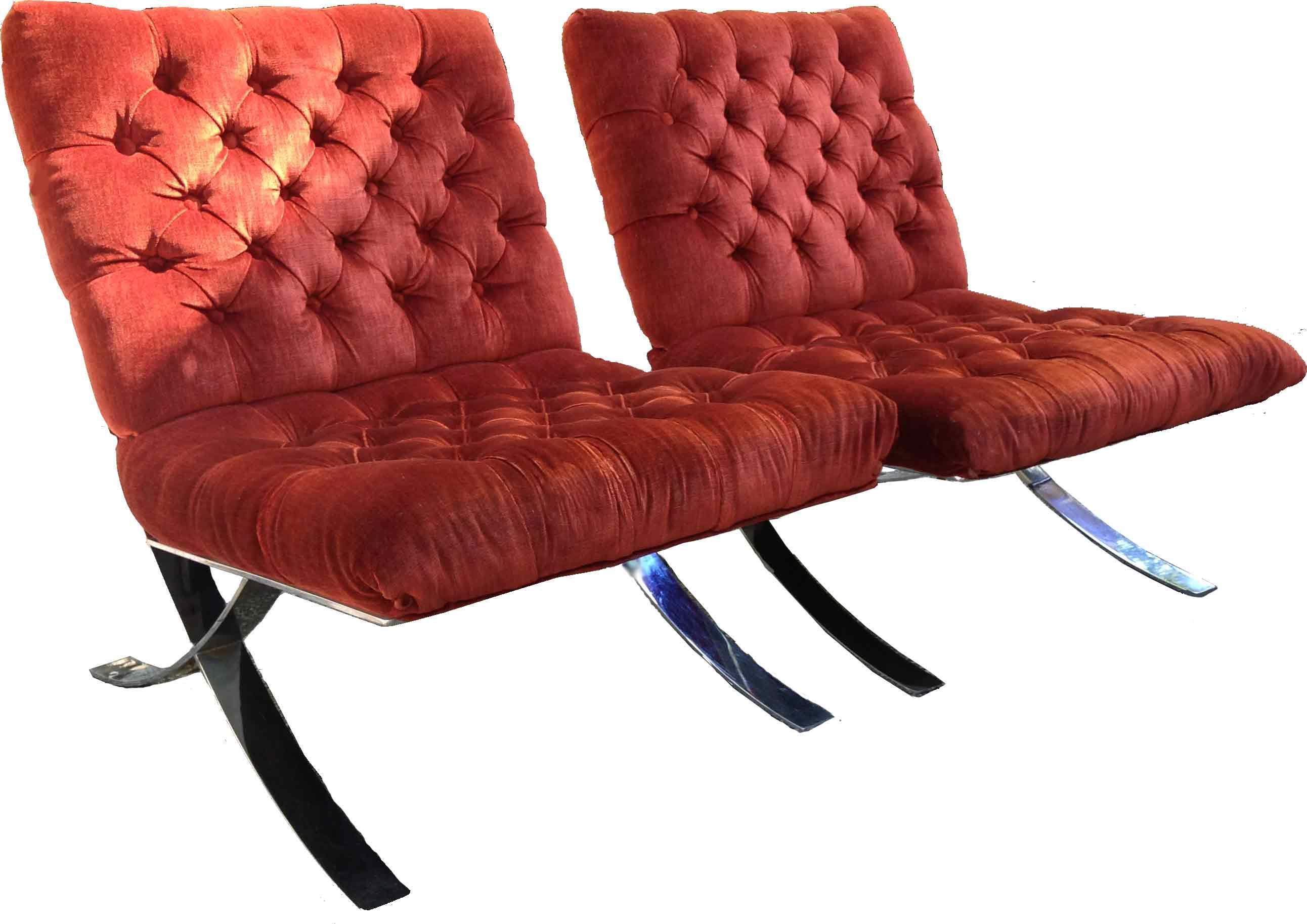 Early Orange Velvet Barcelona Style Chairs - Pair | Chairish
