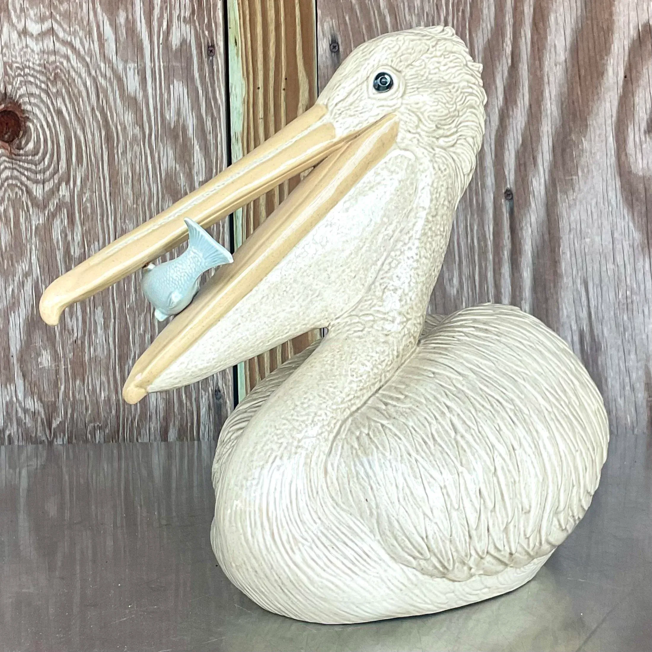 Vintage Coastal Glazed Ceramic Pelican | Chairish