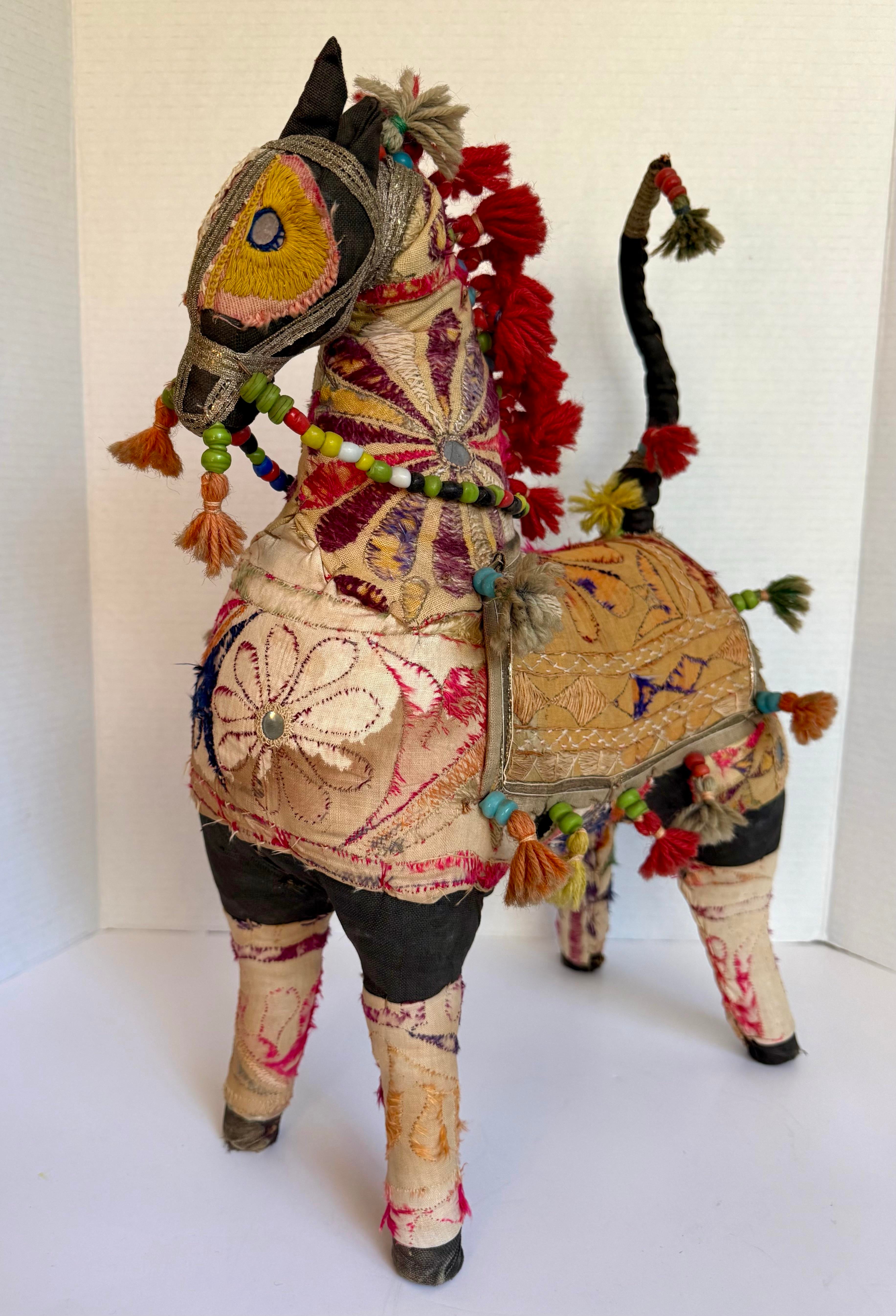 Antique Rajasthani Embroidered Textile Art Horse Figurative Sculpture