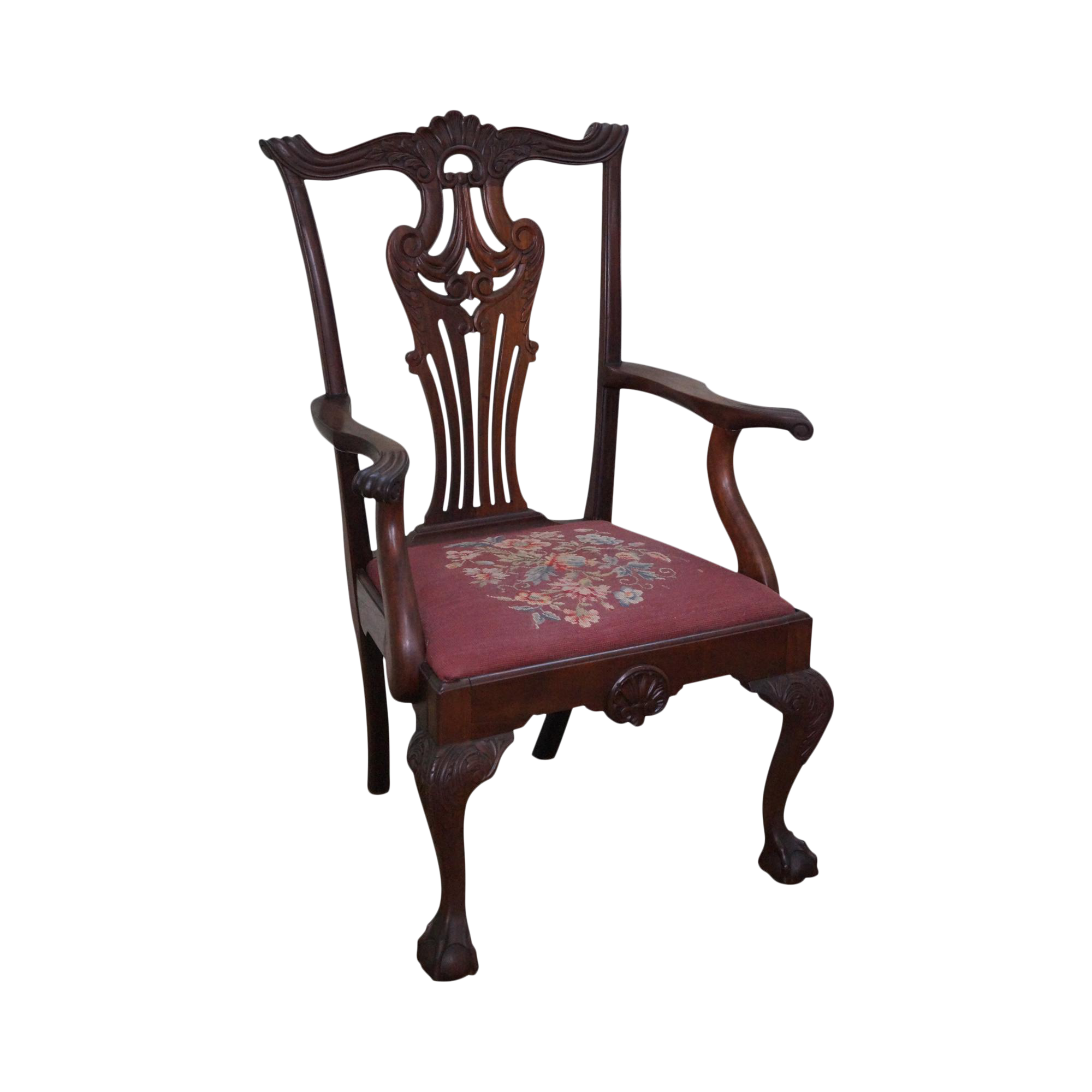 Antique 19th Century Centennial Carved Mahogany Chippendale Style Arm