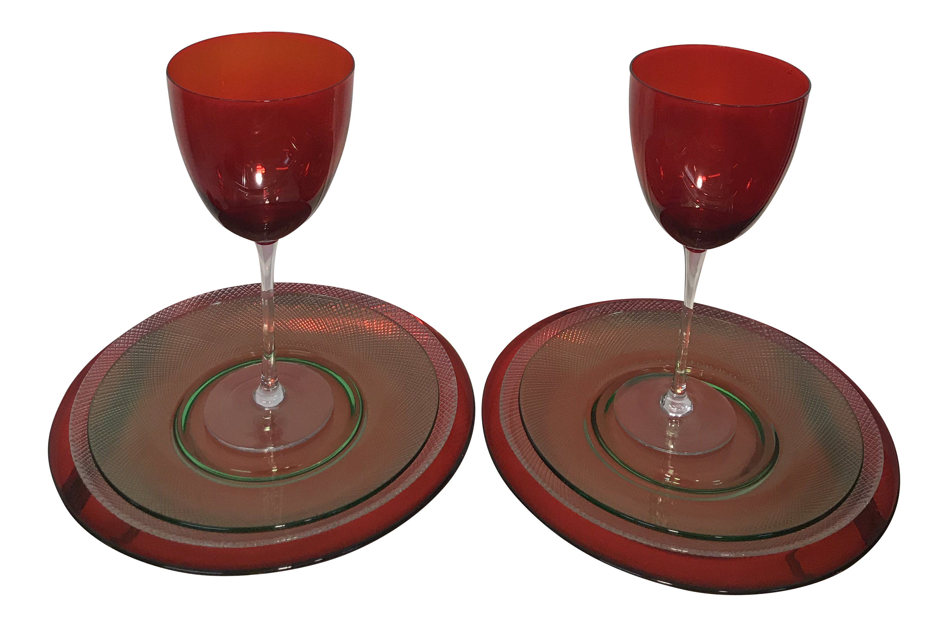 1970s Mid Century Modern Lenox Red Wine Glasses And Green Glass