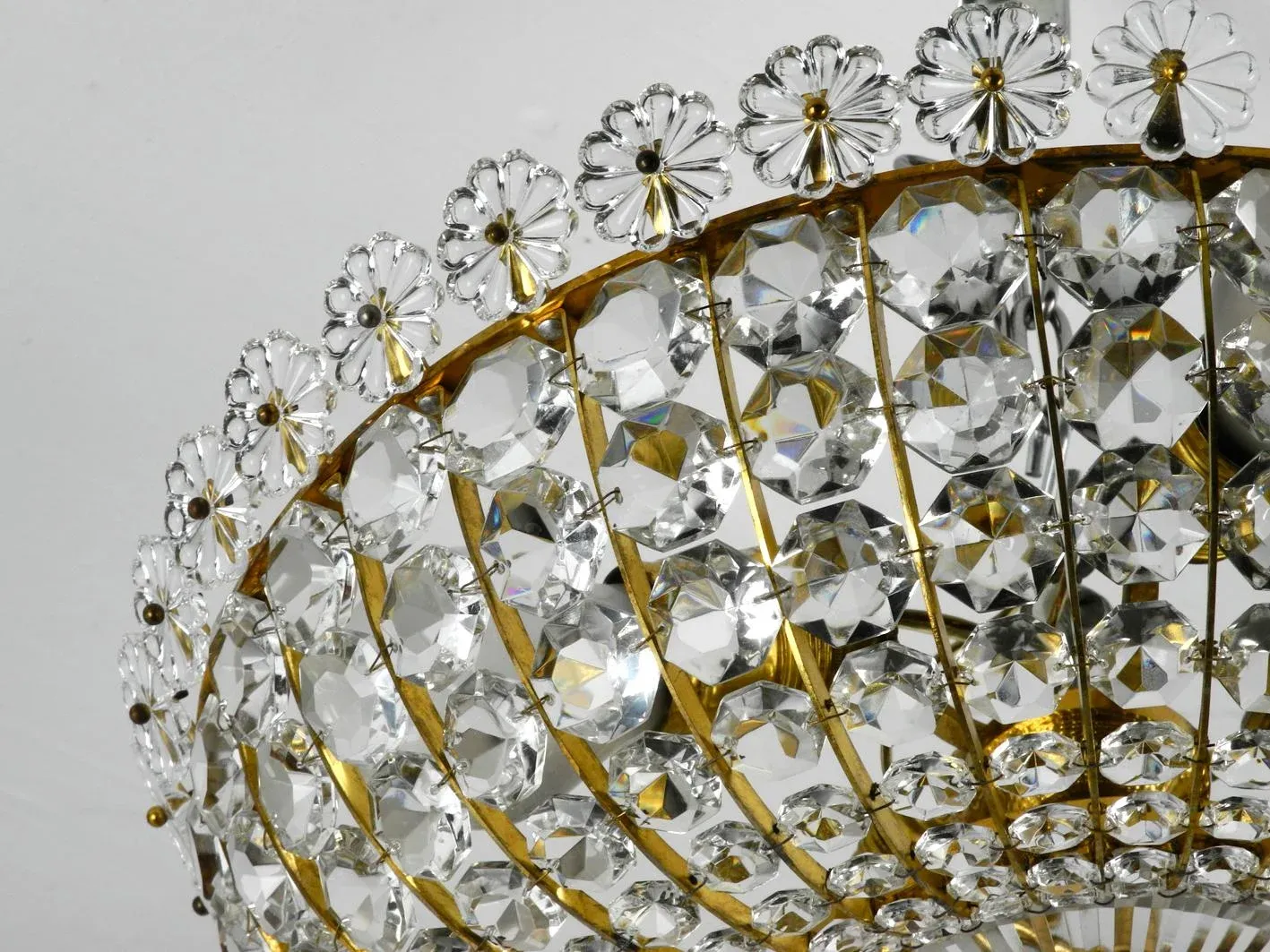 Mid-Century Modern Ceiling Lamp with Glass Stones and Brass Frame from the Vereinigten Werkstätten