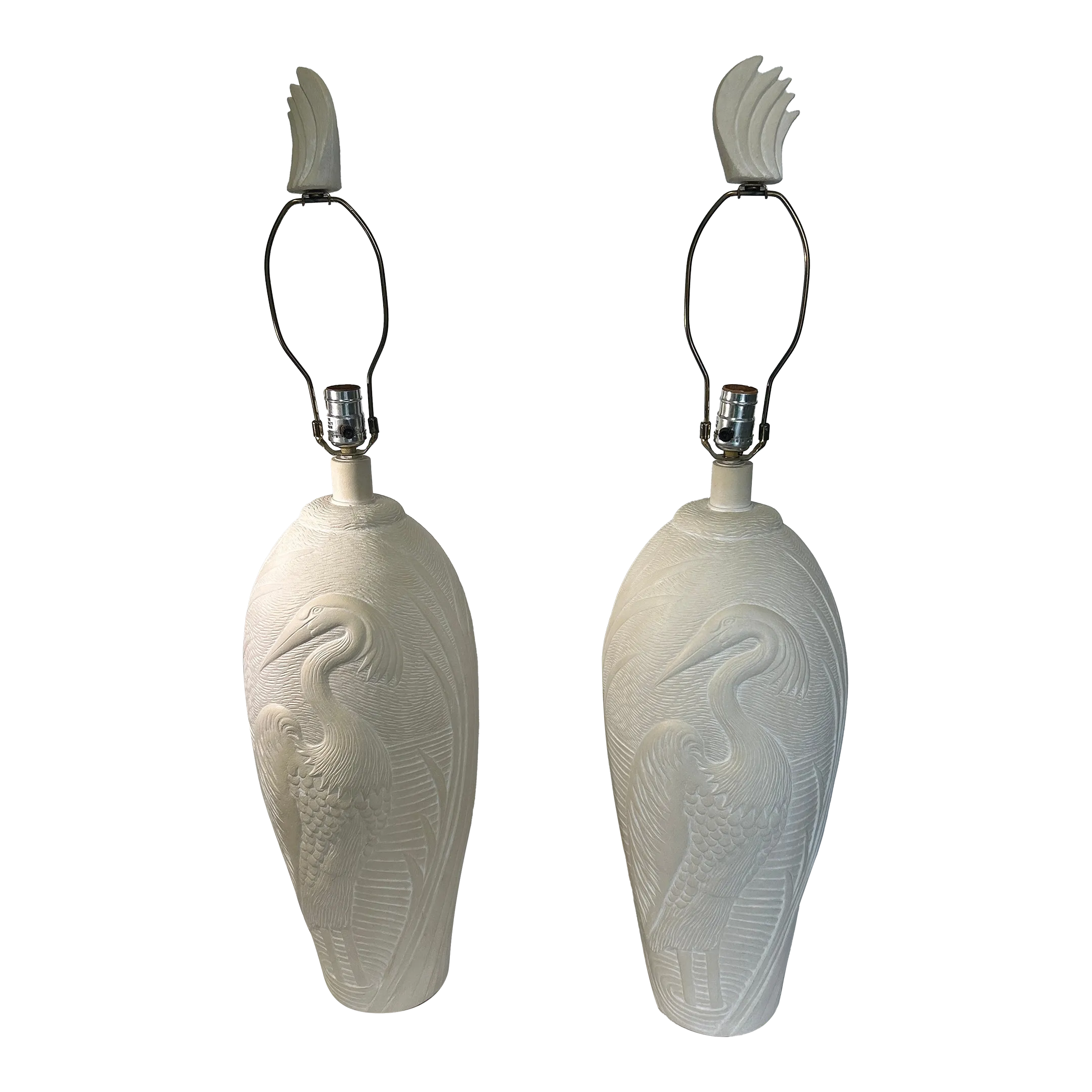 Pair of 1980s Dayle Rushall Matte Ceramic Lamps With Heron Detail