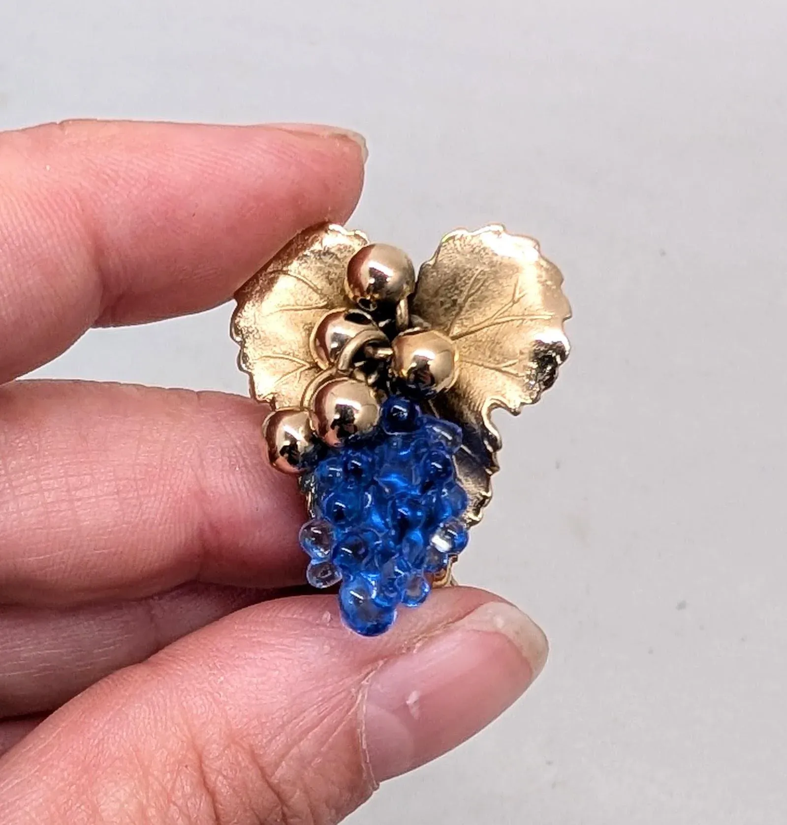 Vintage Signed Napier Book Piece Blue Blown Glass Grape Cluster Clip Earrings-2 Pieces