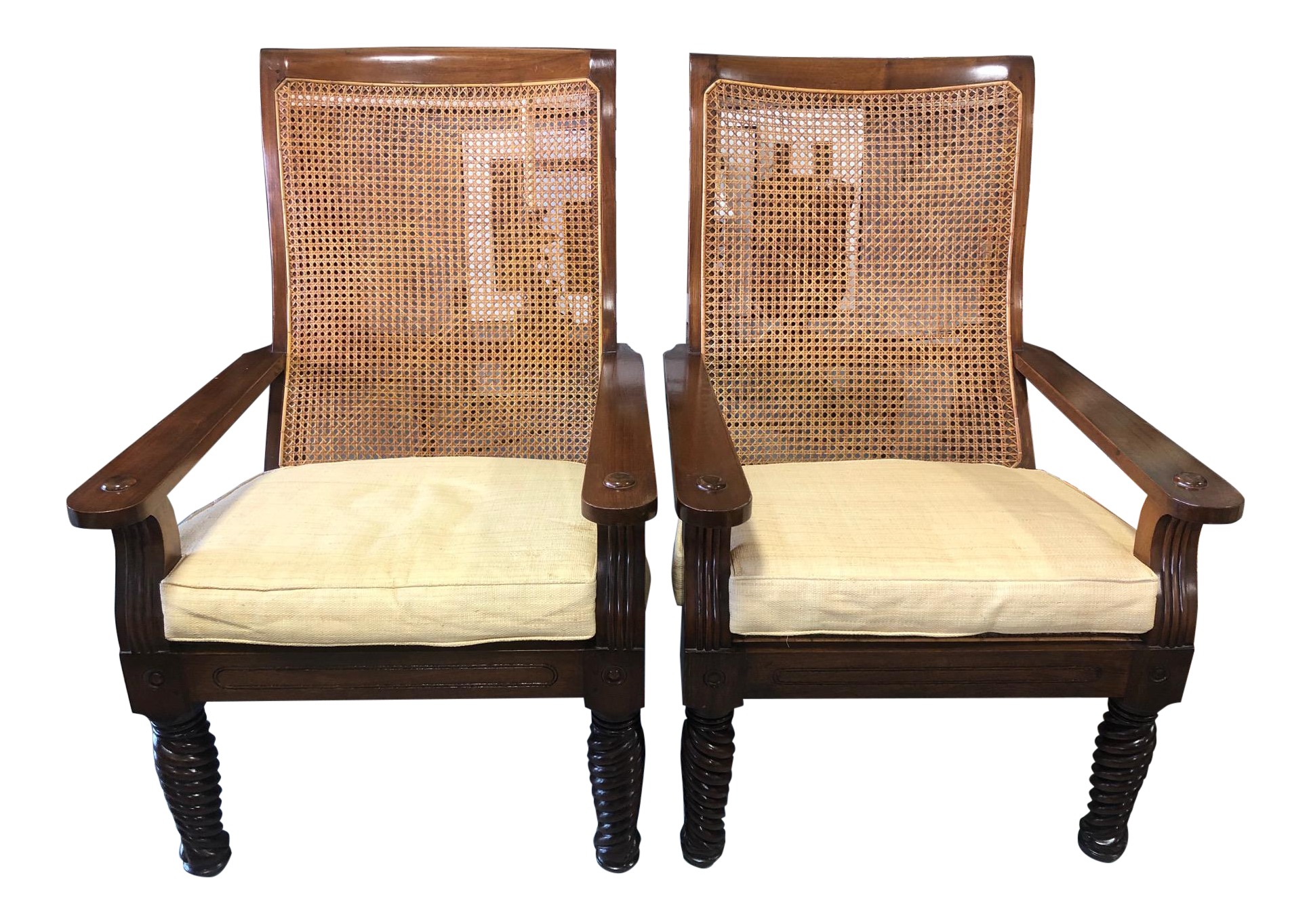 1990s Vintage Raffia Upholstered Cane British Khaki Chairs A Pair