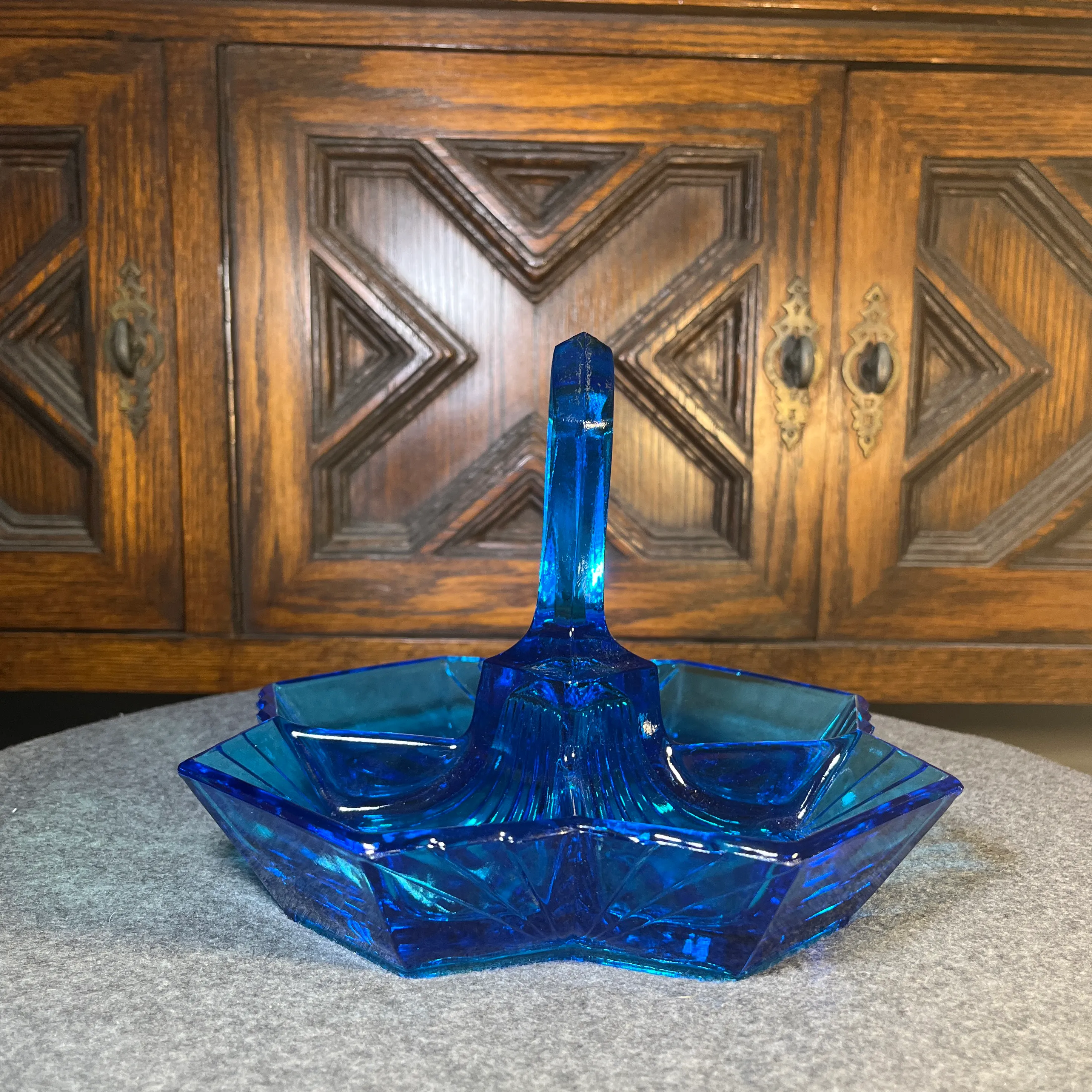 Mid 20th Century Art Deco Blue Indiana Tiara Glass Divided Dish