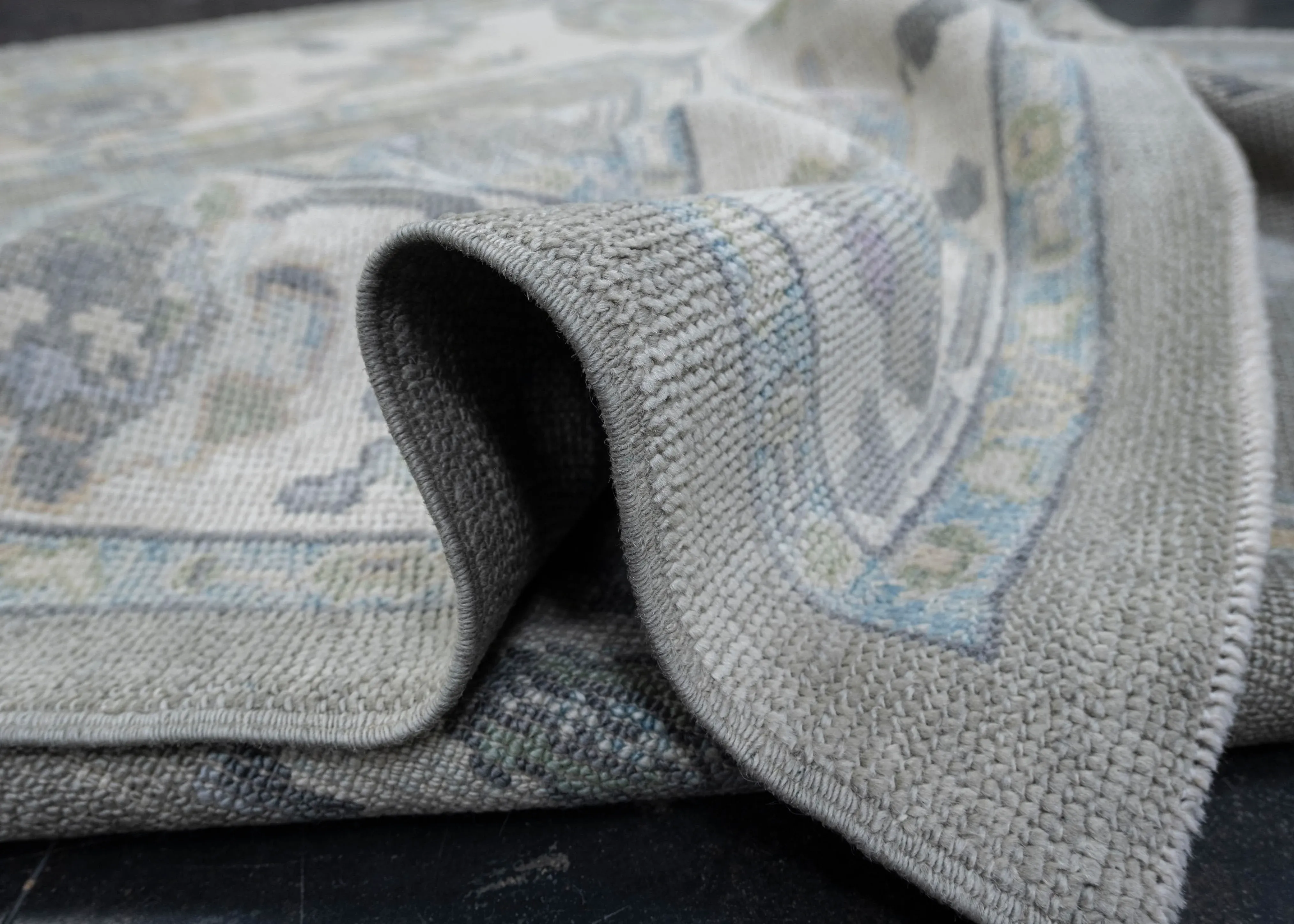 Turkish Oushak Rug Sage Gray and Soft Blue Handwoven Wool Rug 5\'3\