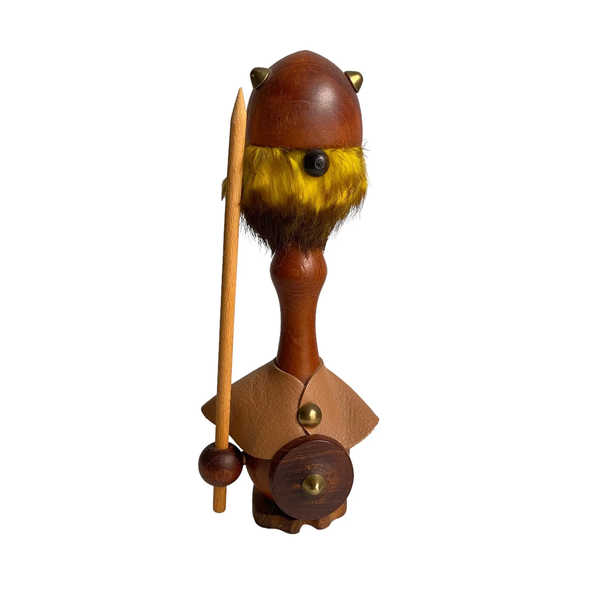 Mid Century Danish Modern 1960s Teak Viking Figurine Leather Fur