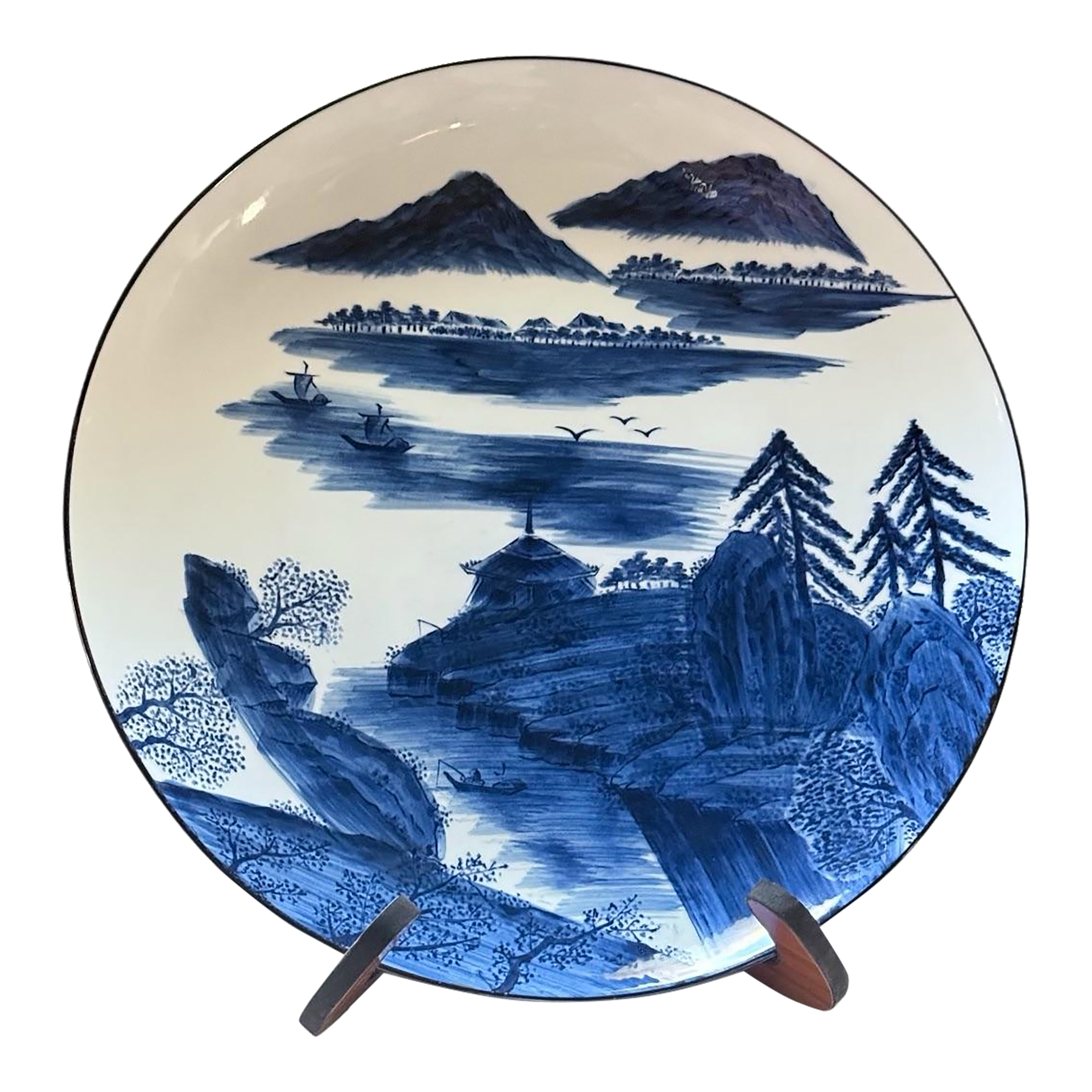 Vintage Japanese Kazan Kiln Arita Ware Blue & White Landscape