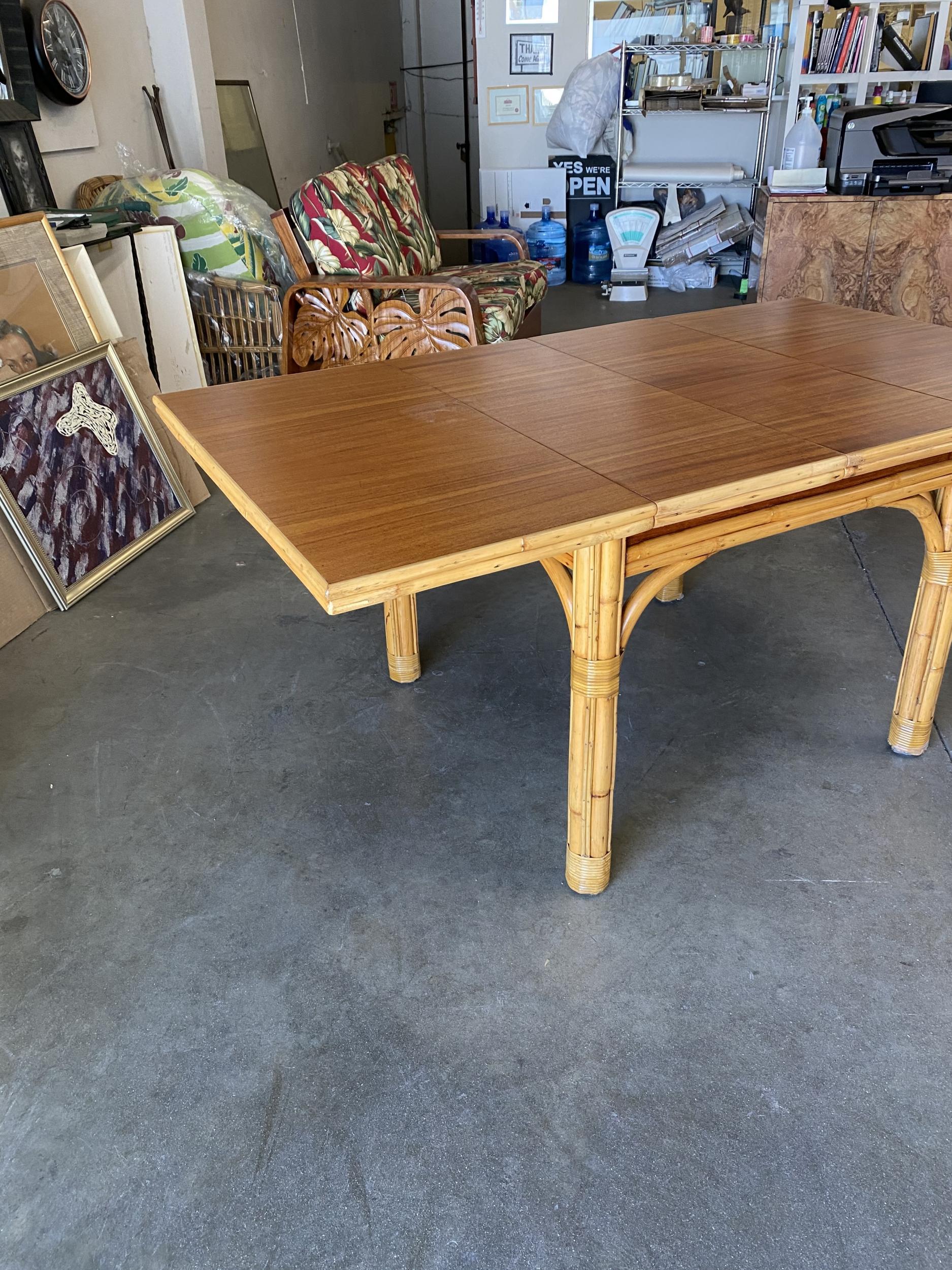 Mid Century Rattan and Mahogany Expandable Dining Table