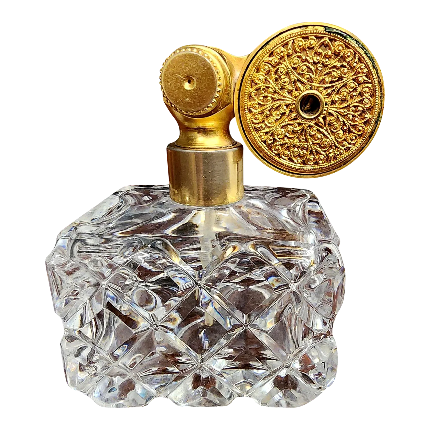 Marcel Franck Vintage Fine Deep Cut Crystal Perfume Bottle W/Brass