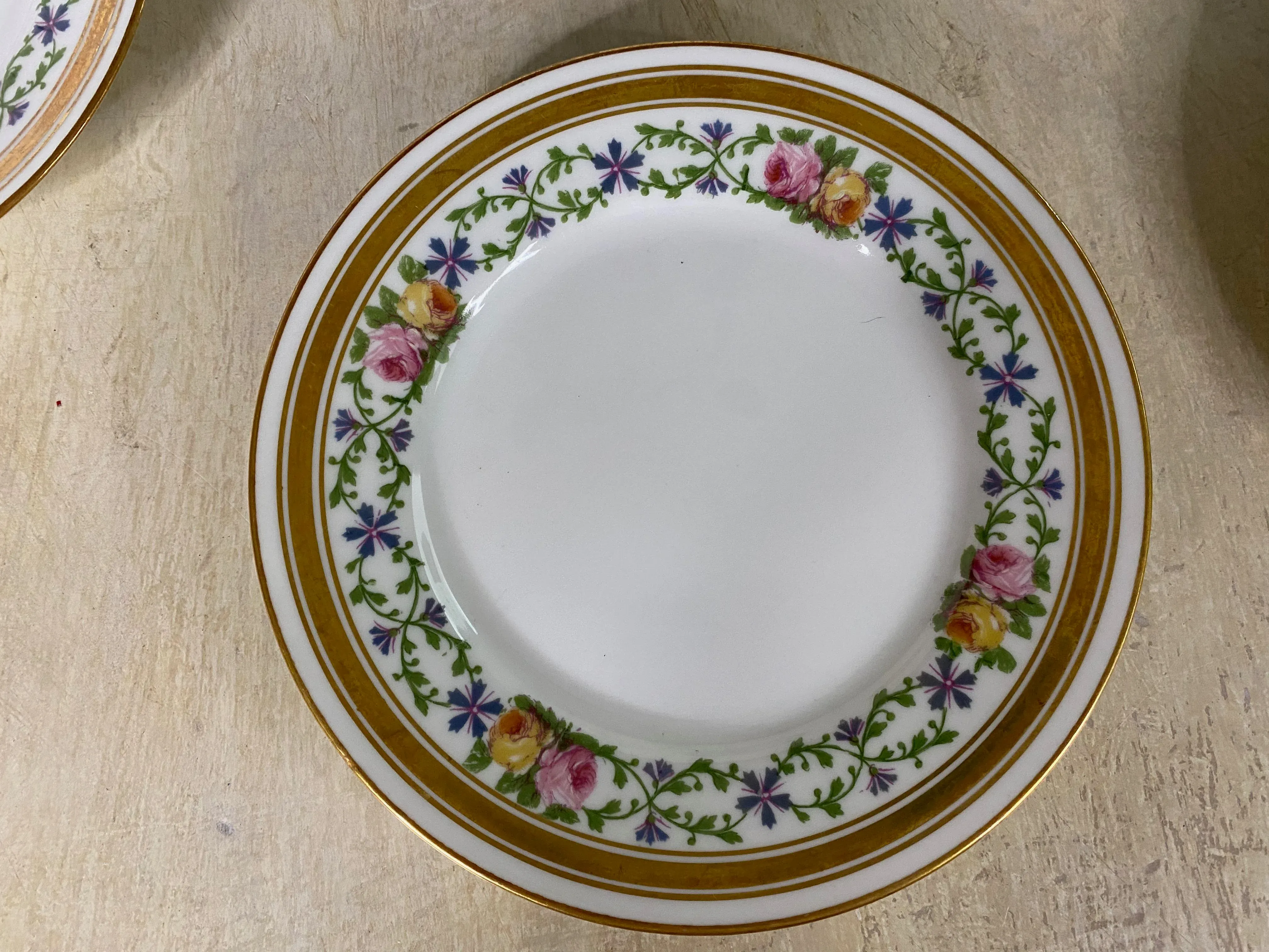 19th Century Gold Encrusted Charles Ahrendfeldt Limoges Porcelain Dessert Plates- Set of 8Matilda Jane platinum Christmas Sara