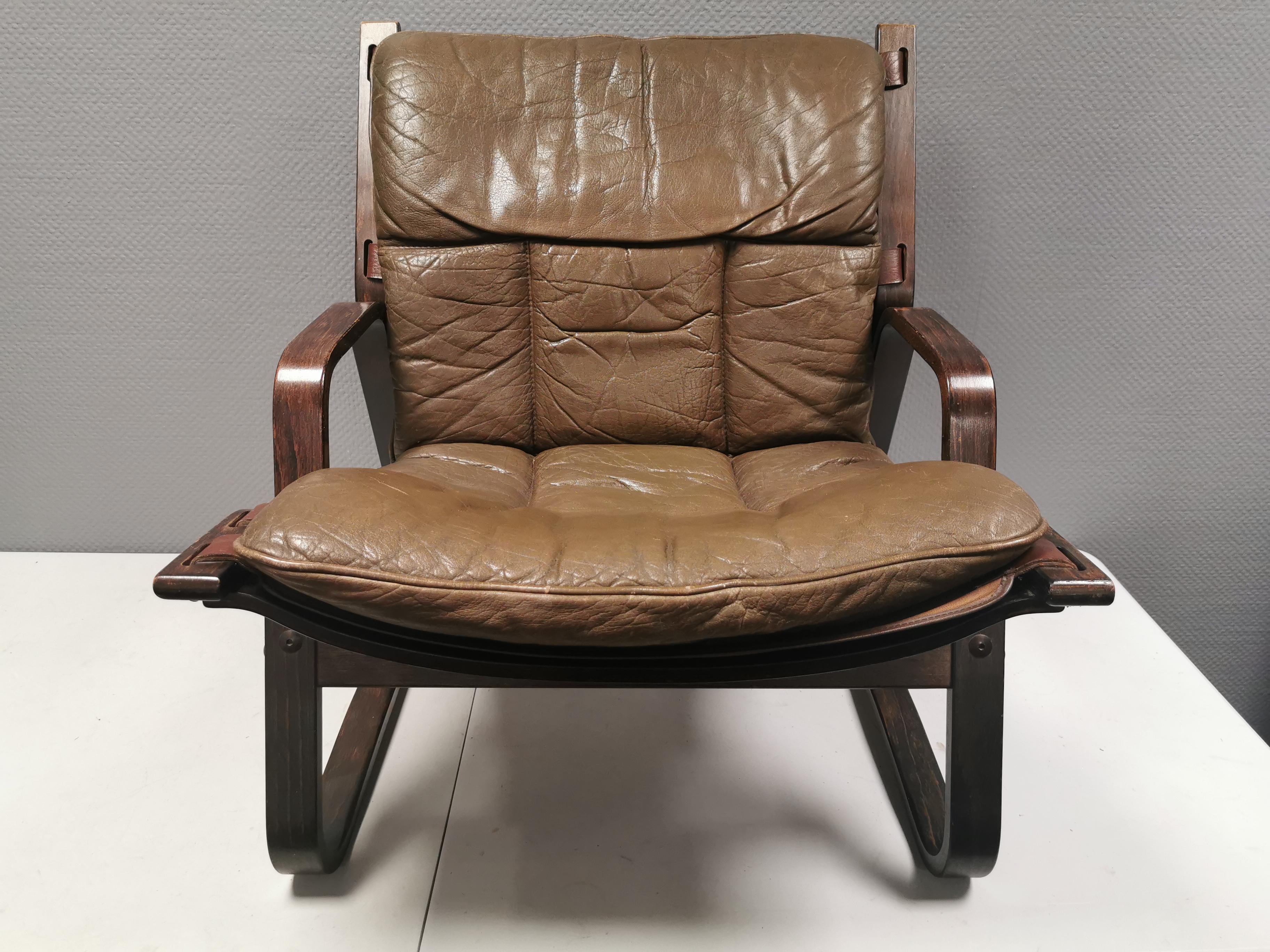 Bentwood and Buffalo Leather Lounge Chair by Giske Carlsen for