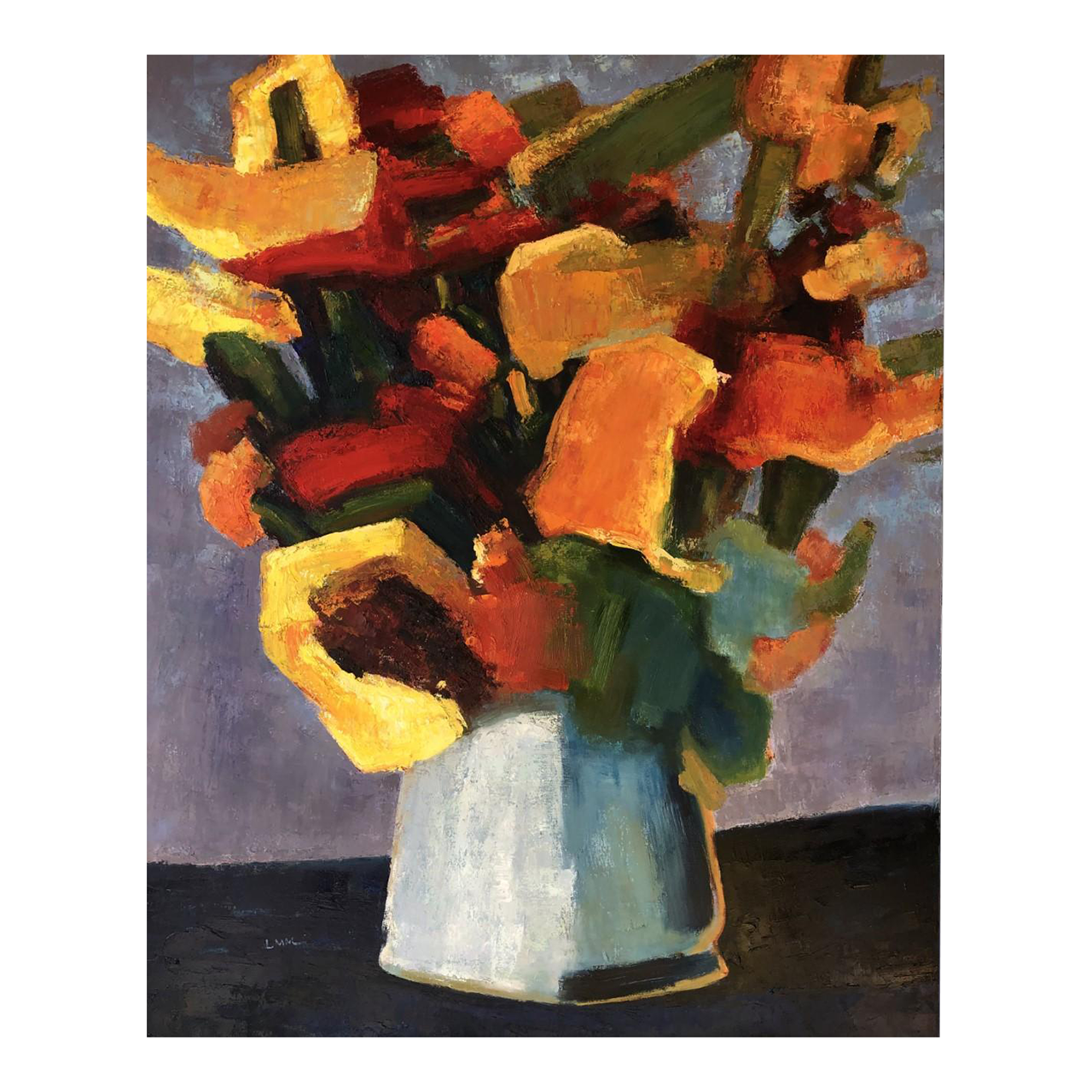 Orange & Yellow Flowers & White Vase Contemporary Large Still Life