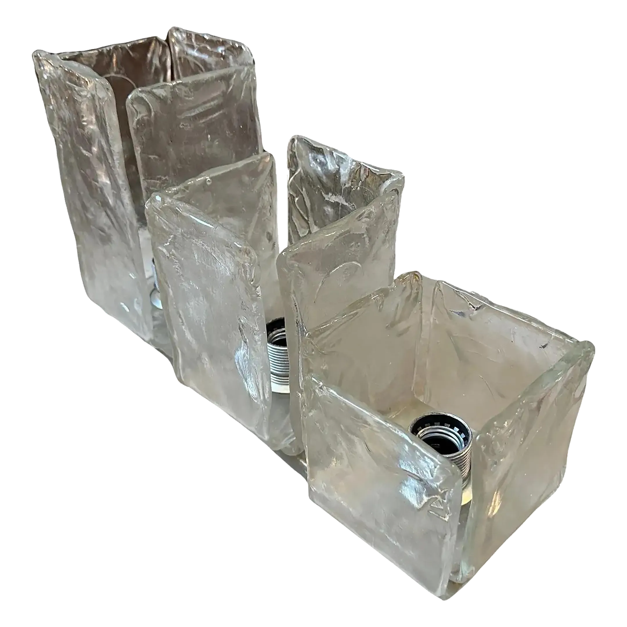 1970s Space Age Iced Murano Glass and Steel Lighting Fixtures by Toso