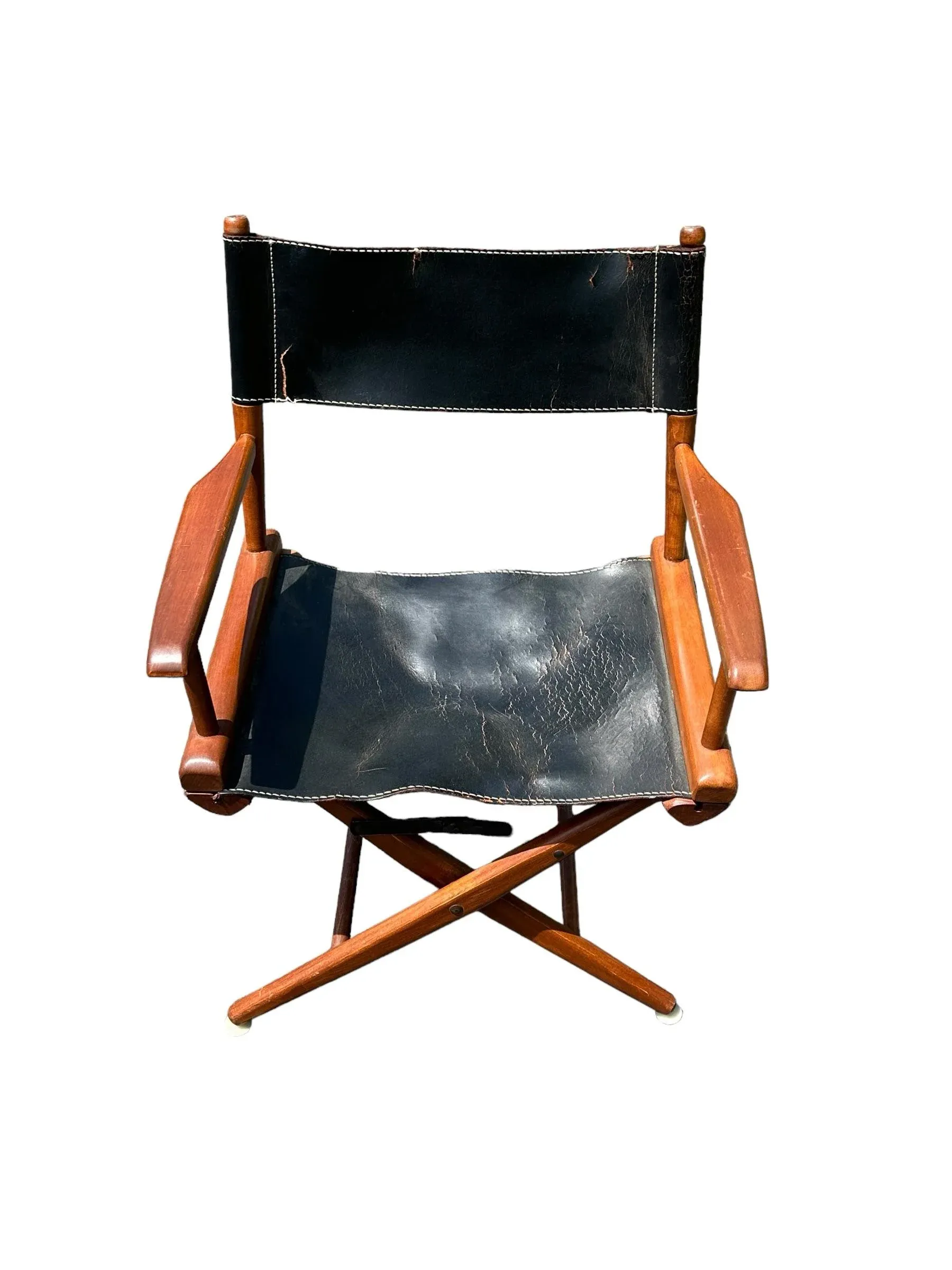 Vintage Mid-Century Black Leather Distressed Directors Chair