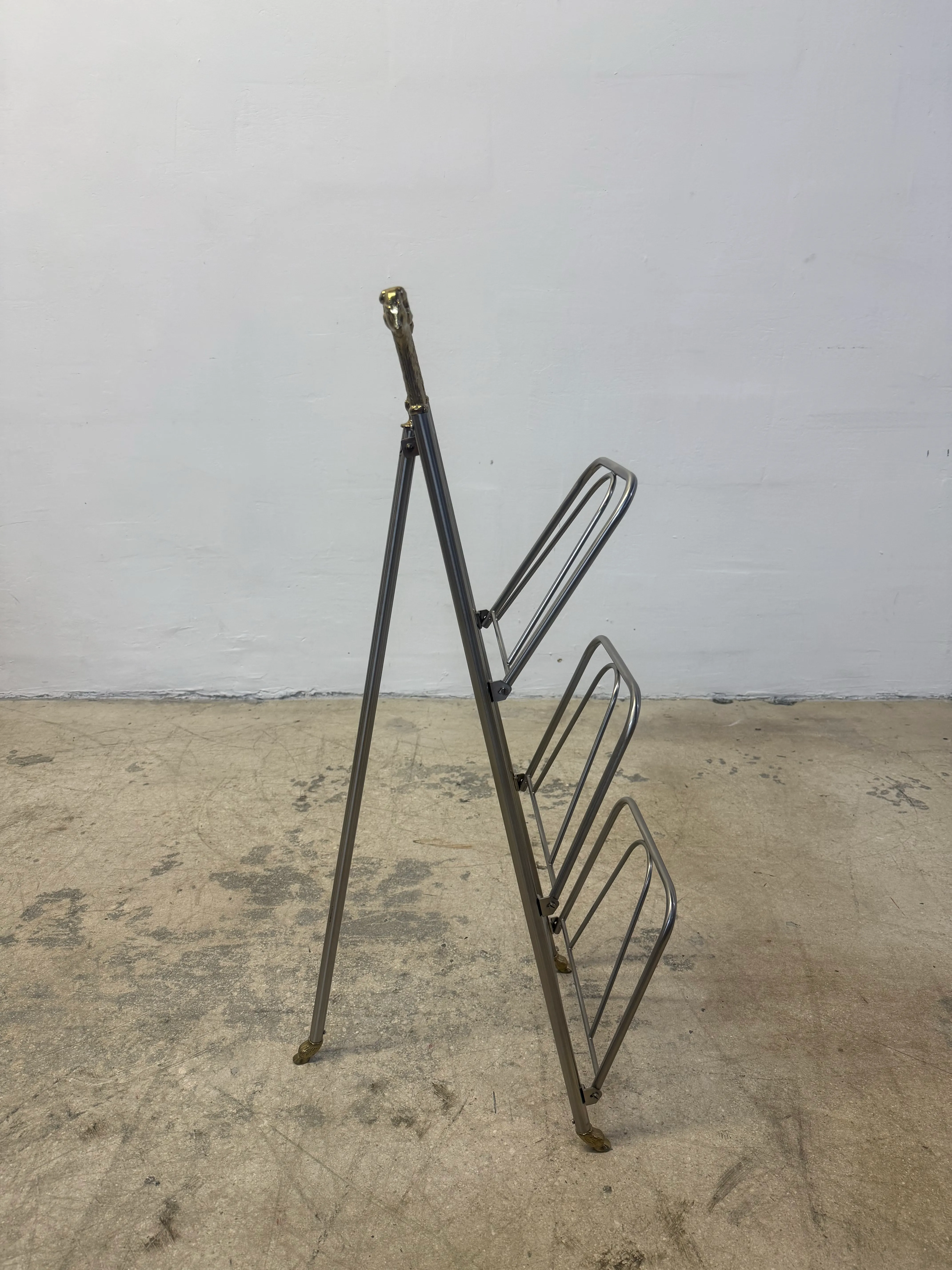 Maison Jansen Style Steel and Brass Rams Head and Feet Magazine Rack, Italy