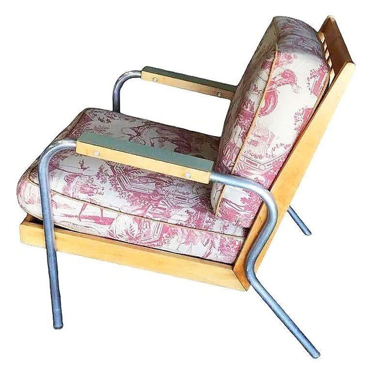 Rare Mid-Century Chrome Tubular Steel & Blonde Oak Lounge Chair by Hill-Rom Pair