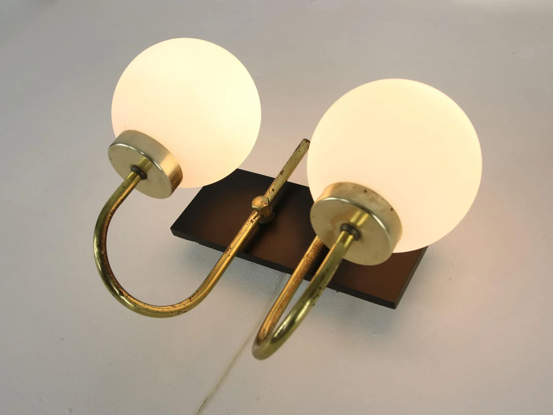 Mid-Century Brass & Opaline Sconces, Set of 2