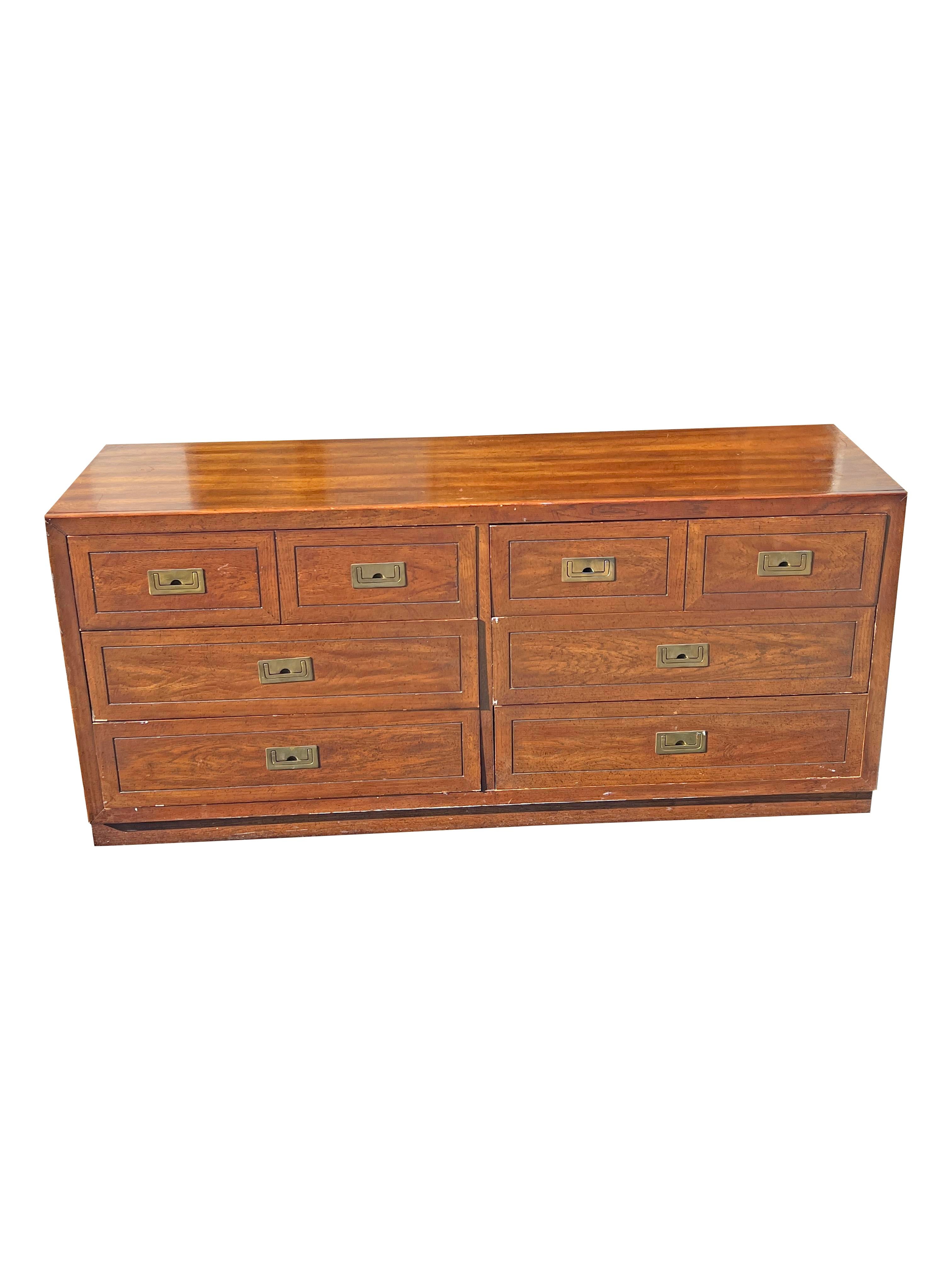 Vintage Campaign Long Dresser or Credenza With Brass Hardware in Henredon  Style by Dixie