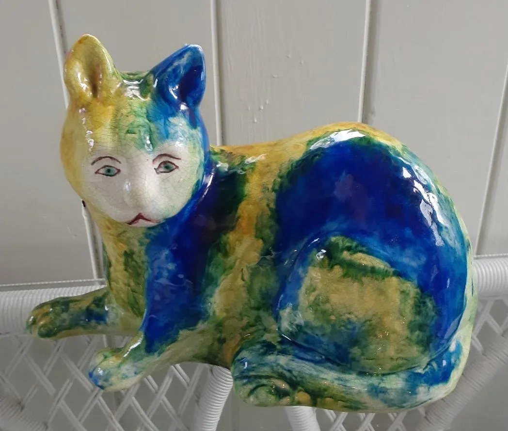 unoa Victorian cats Blue green　美品 mid-century-italian-majolica-