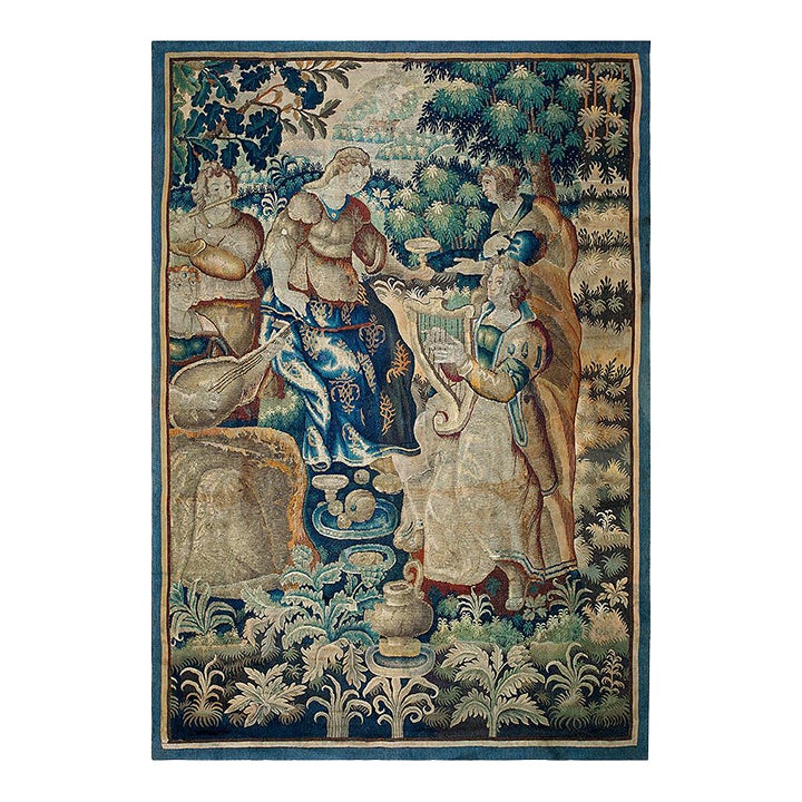 Classic Green and Blue Beautiful Romantic Garden Scene Mid-17th