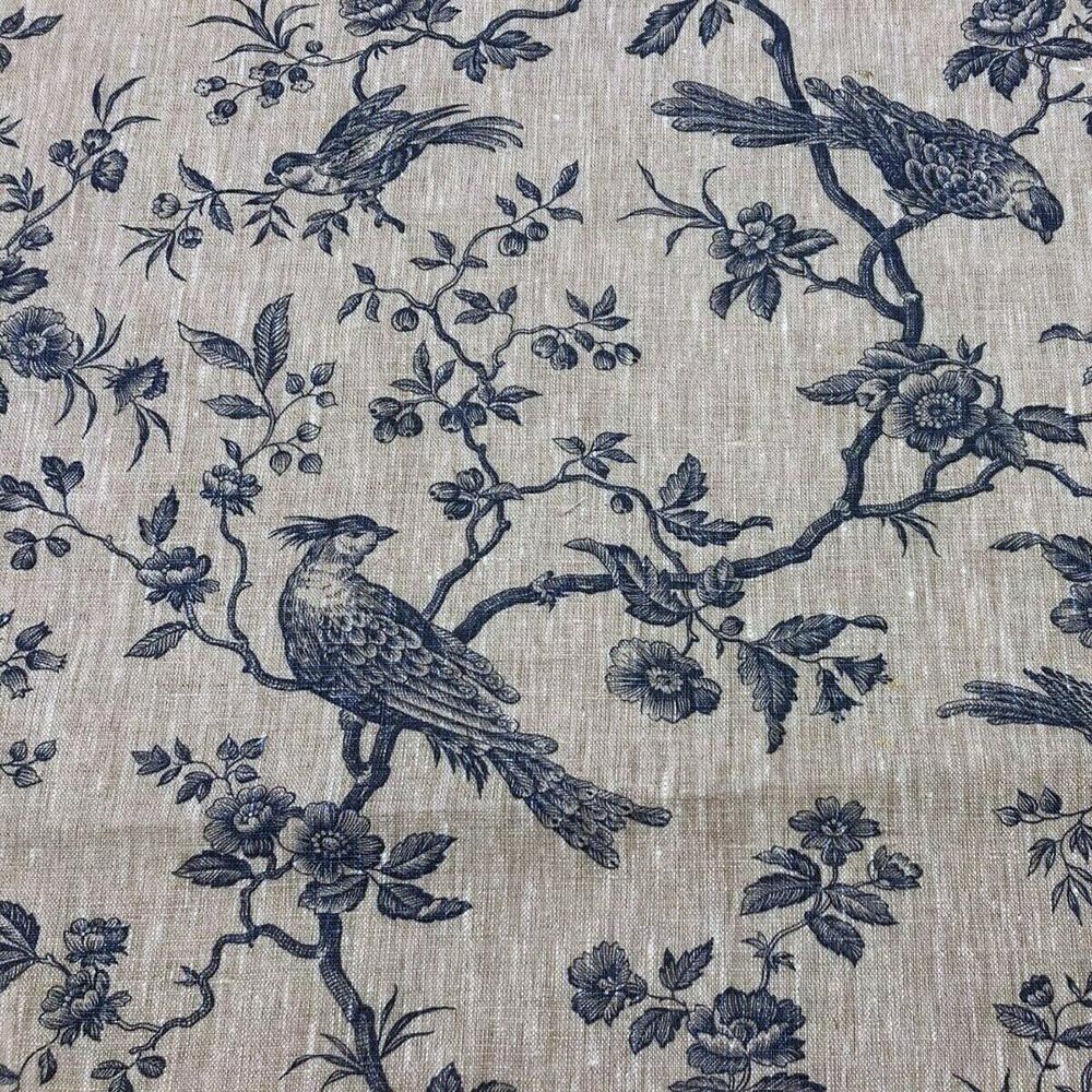 Isabelle Bird Blue Toile Linen Fabric | Chairish