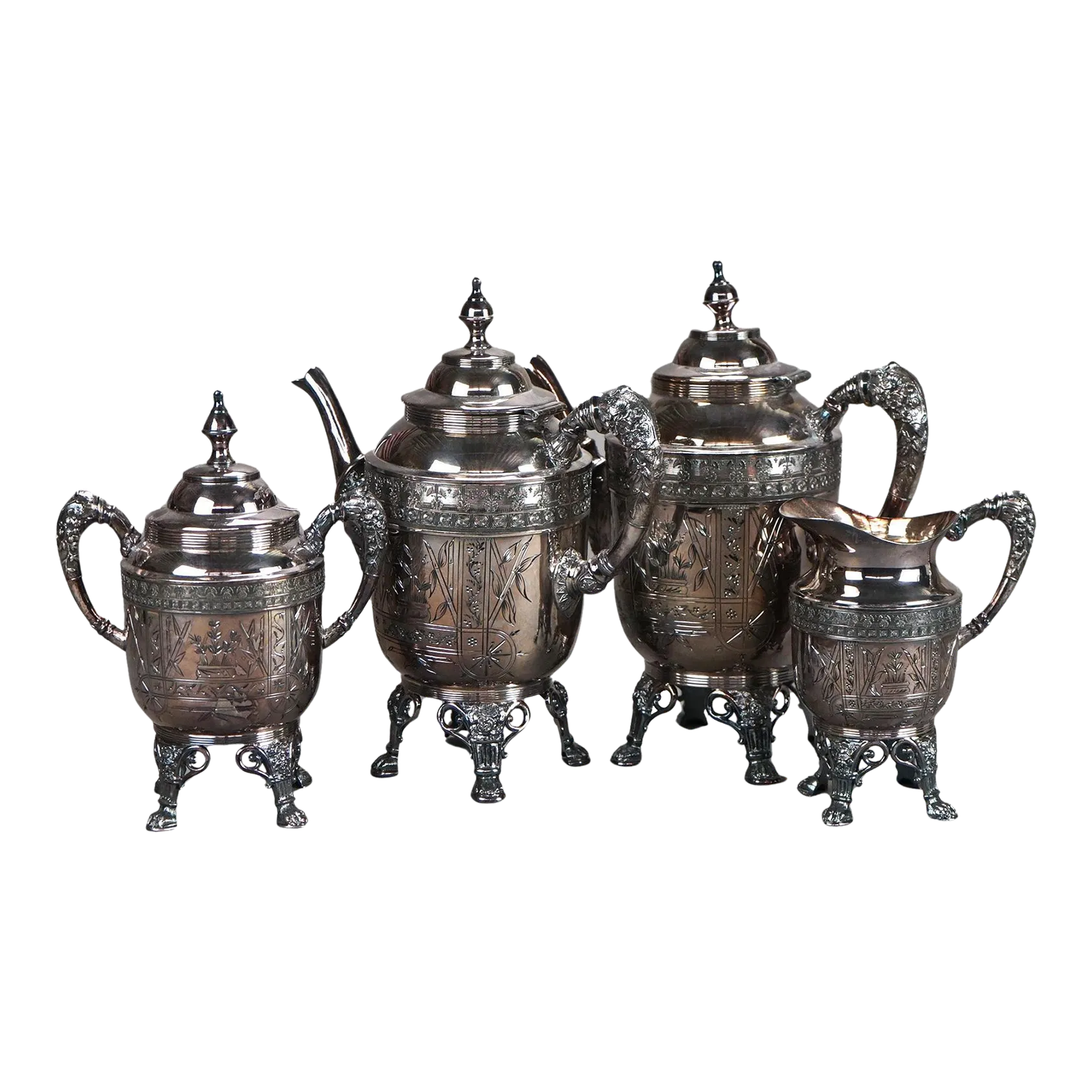 4-Piece Antique Silver Plated Footed Tea Set, Circa 1890
